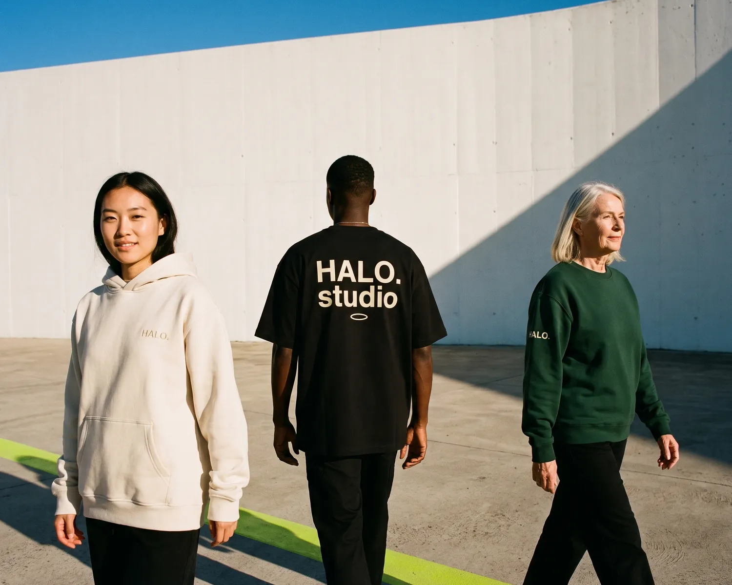 Three logo placements on three garments: an ecru hoodie marked on the chest, a black t-shirt with a large logo on the back and a forest green sweatshirt marked on the sleeve, worn in front of a white wall.