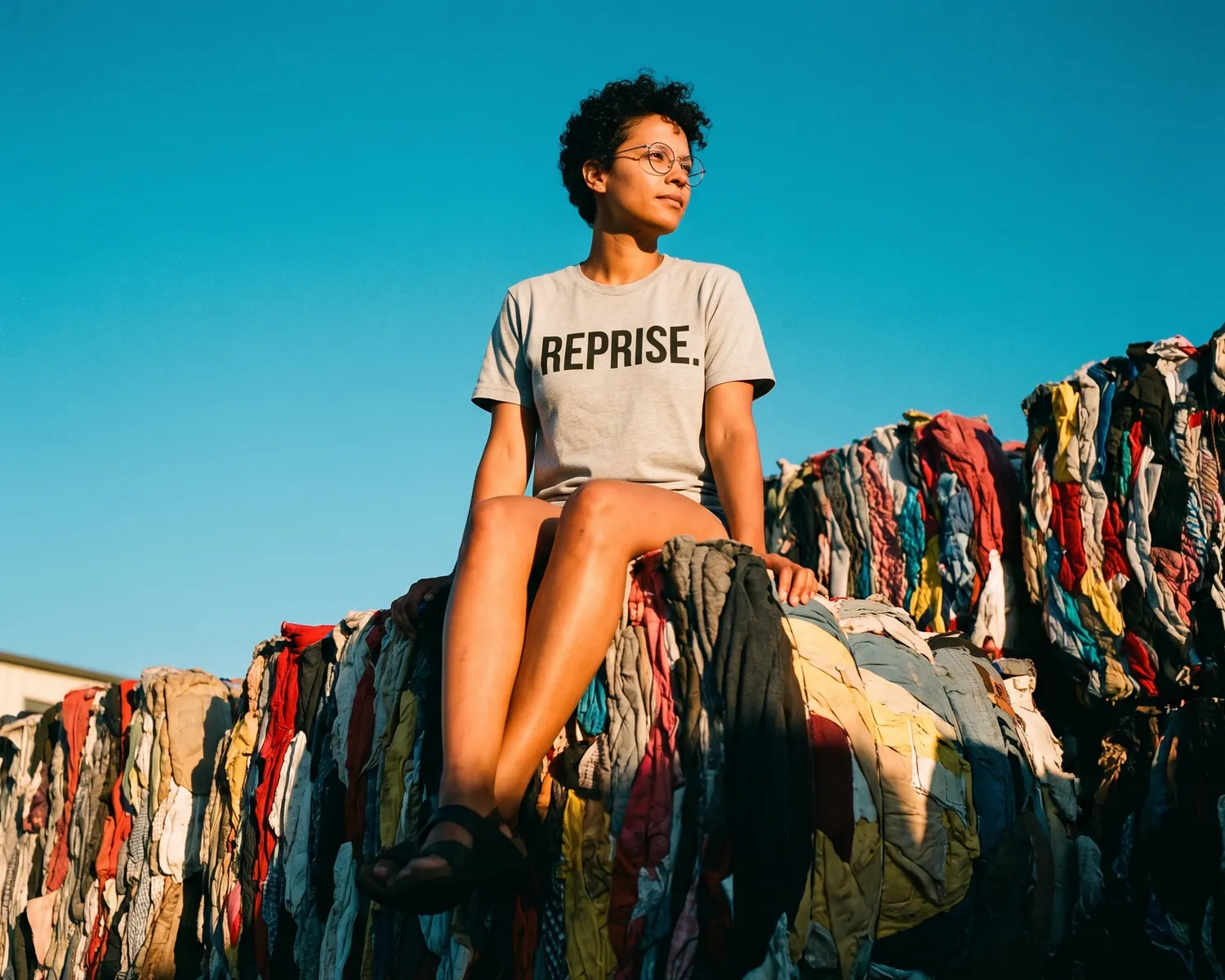 A woman in her thirties in a heather grey t-shirt printed REPRISE., sitting on top of a stack of textile bales for recycling, one of the sources of recycled cotton, under a blue sky.
