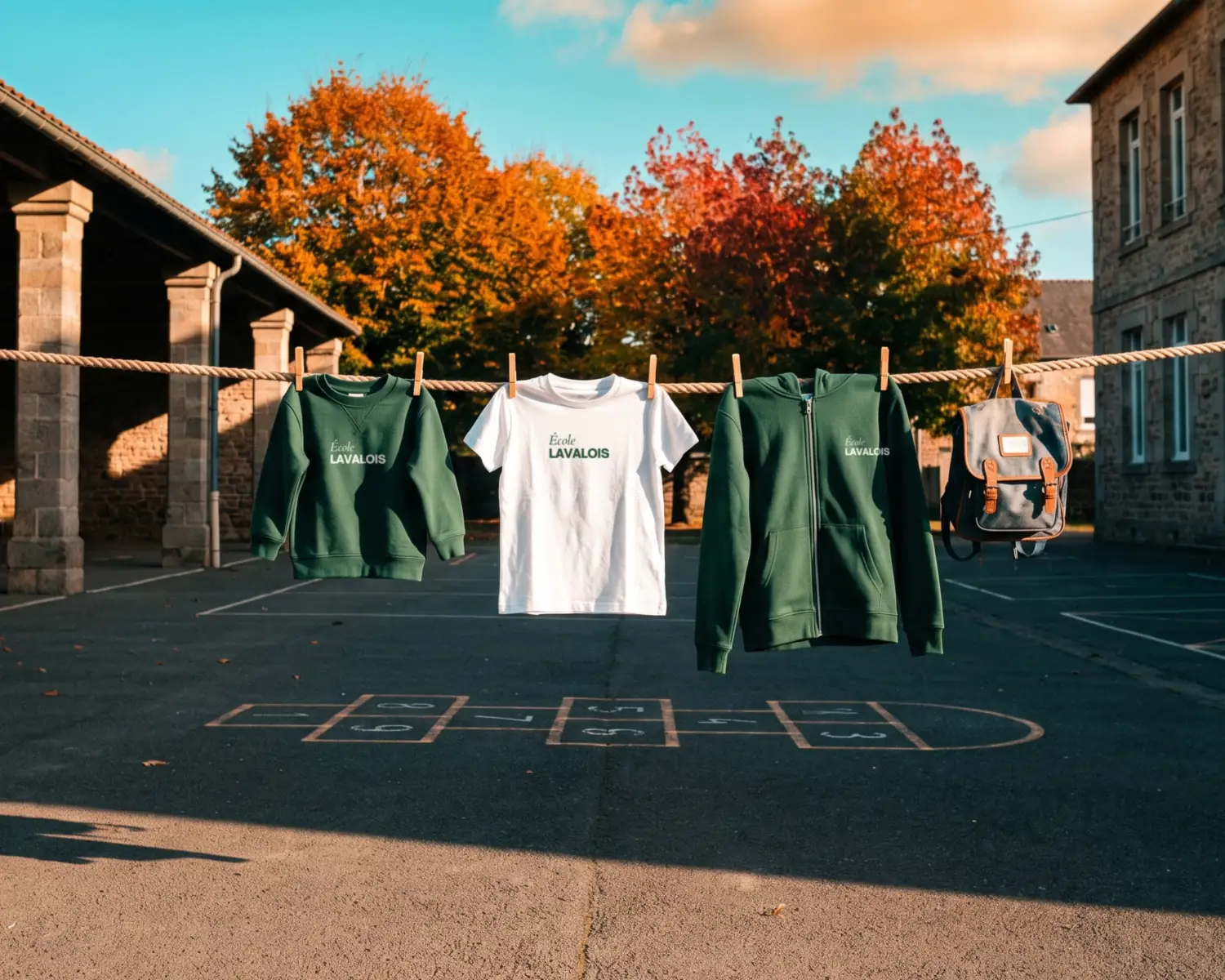 Le merch de l'École Lavalois pour financer un voyage scolaire : un sweat col rond vert, un t-shirt blanc et un sweat zippé vert en tailles enfant, pendus du plus petit au plus grand sur une corde dans une cour d'école, à côté d'un cartable.