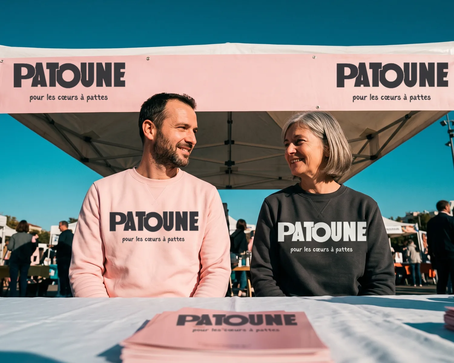 Deux bénévoles de l'association PATOUNE à leur stand du forum des associations, en sweat rose au logo anthracite et en sweat anthracite au logo blanc, sous une banderole au même logo : la charte graphique d'une association appliquée partout.