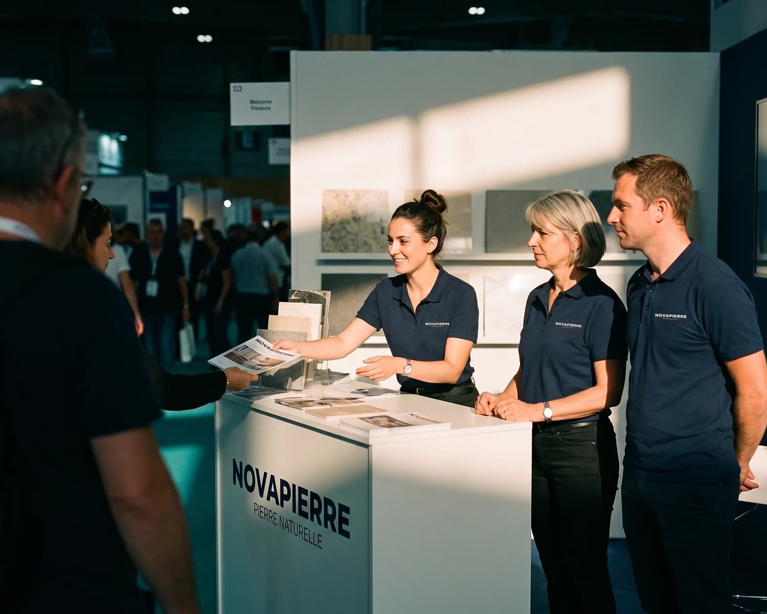 The welcome desk of the NOVAPIERRE stand at a trade show: two hostesses and a host in navy polo shirts embroidered with the logo greet a visitor behind a white counter bearing the exhibitor's name.