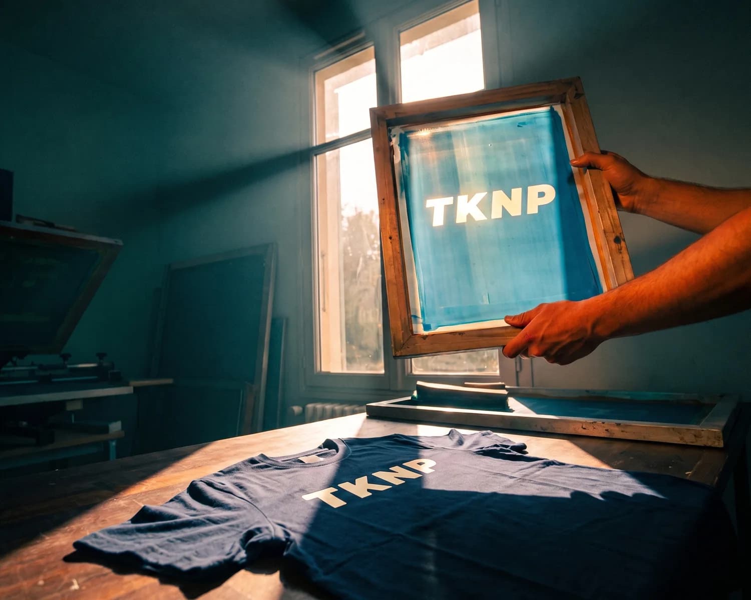 In a screen-printing workshop, two hands hold a silkscreen frame up to the window, the sun shining through the TKNP logo open in the blue emulsion, above a navy t-shirt freshly screen-printed with the same logo in cream.