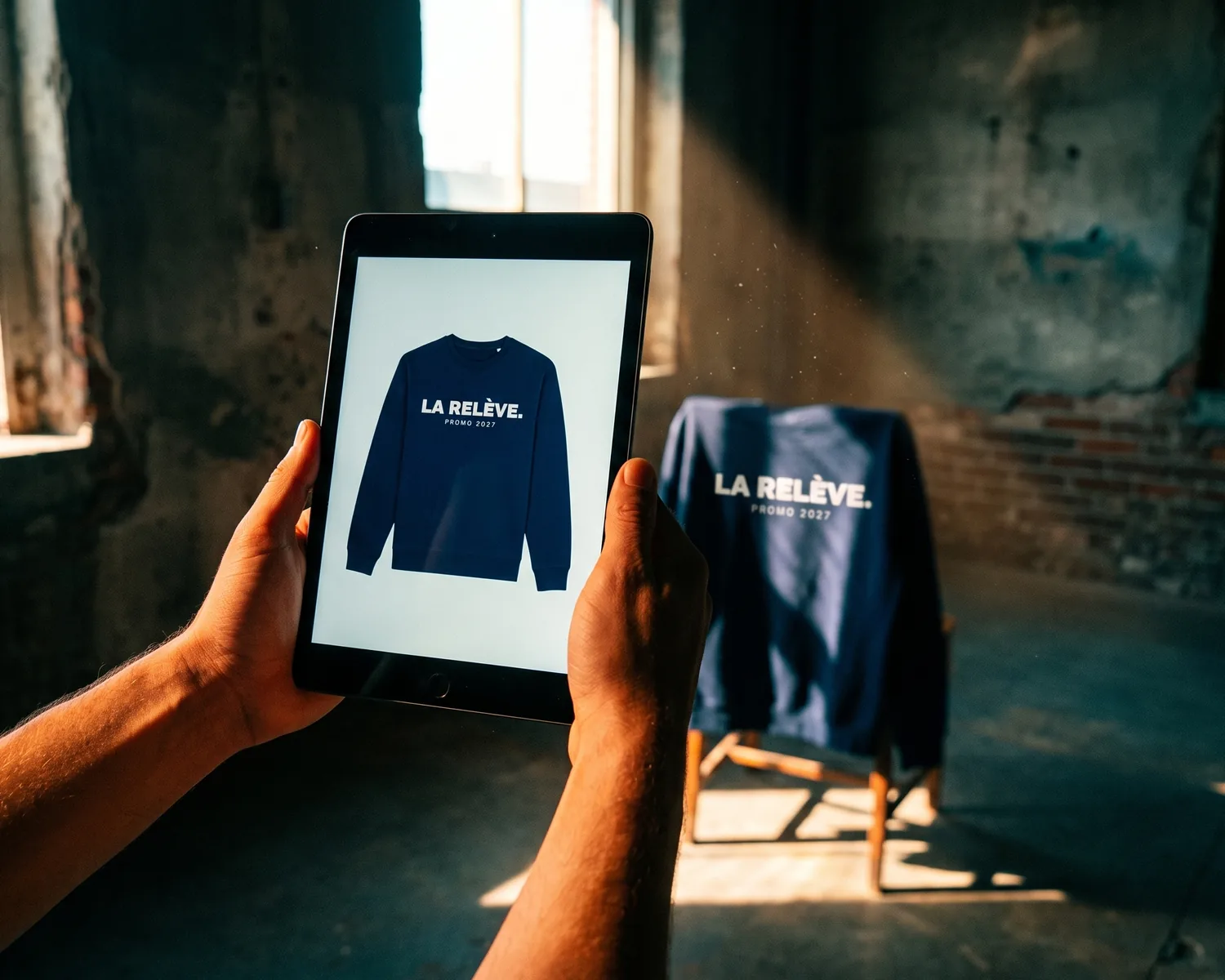 Two hands hold a tablet showing the print proof (BAT) of a navy custom sweatshirt with the white logo "LA RELÈVE. PROMO 2027", in front of the real sweatshirt with the same print draped over a chair, in a beam of sunlight.