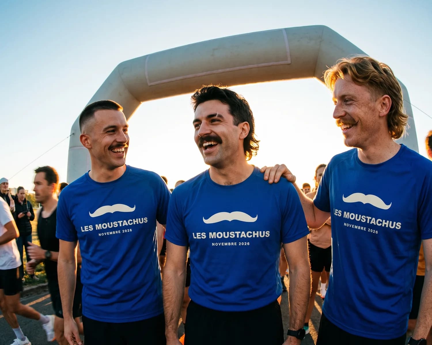 Three runners from the Les Moustachus team, in blue running t-shirts customised for Movember with a moustache and the team name, share a laugh under the start arch while the other runners rush past in a blur.