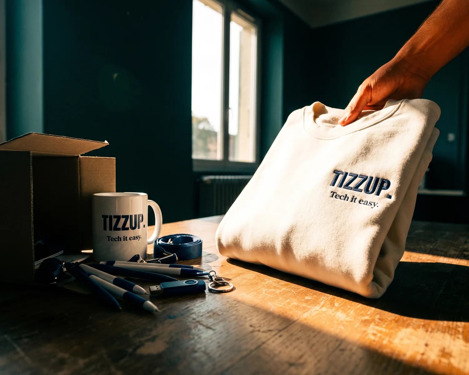 On a wooden table, a hand picks up a folded ecru sweatshirt embroidered with a company logo, next to a box spilling over with goodies: pens, a mug, a USB stick, a keyring and a lanyard.