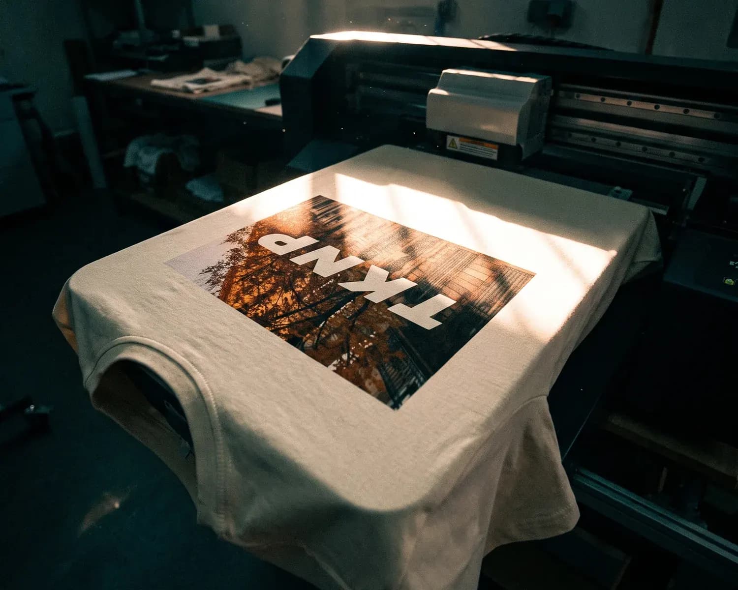 A custom t-shirt with a photo on a textile printer's platen: a photo of autumn trees and a building, with the TKNP logo in white letters across the middle, in a workshop crossed by a beam of sunlight.