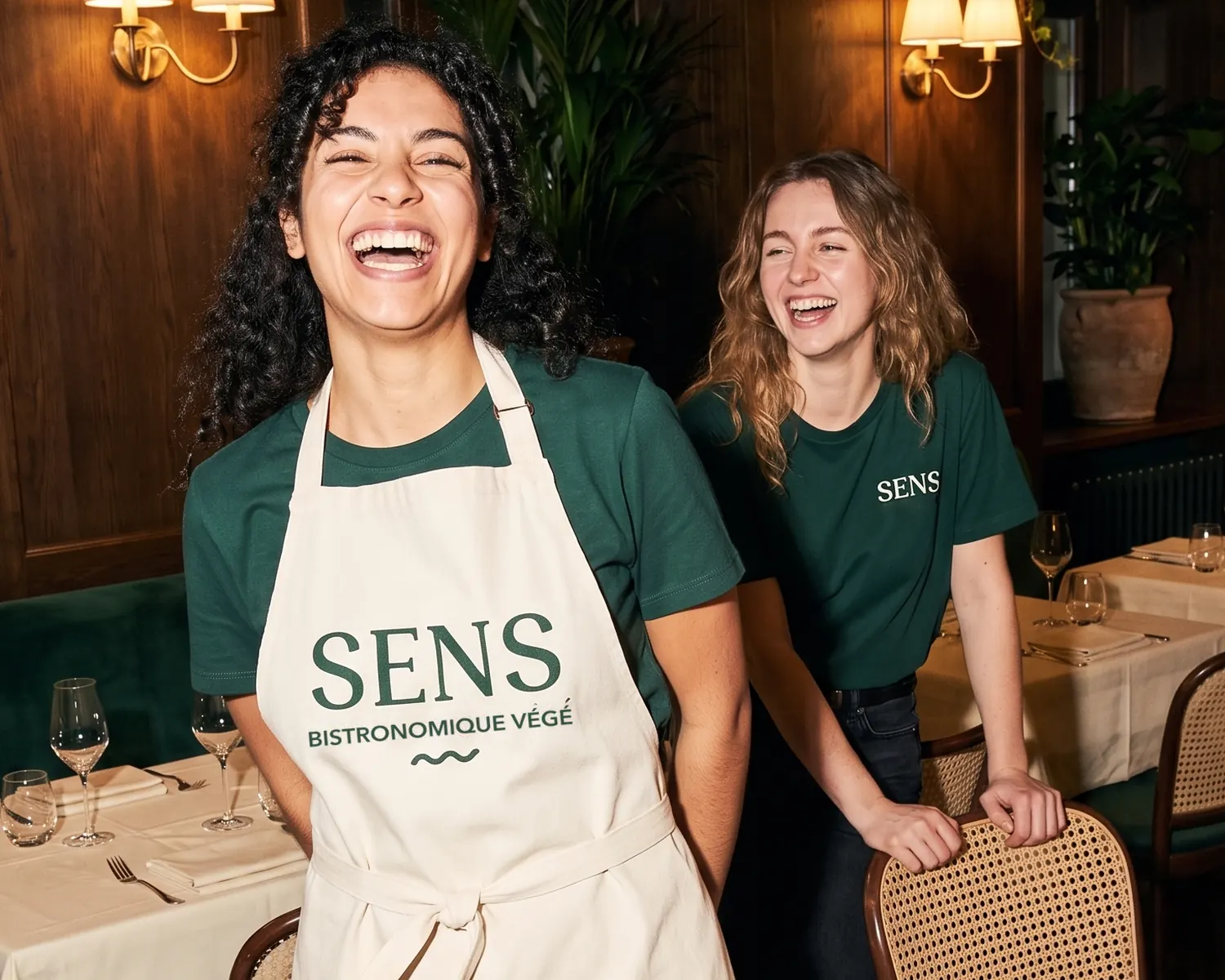 Waitress uniform in a bistro: two waitresses in green T-shirts with a small SENS logo on the chest, one in an ecru bib apron with the restaurant's name in large letters, laughing in the wood-panelled dining room.