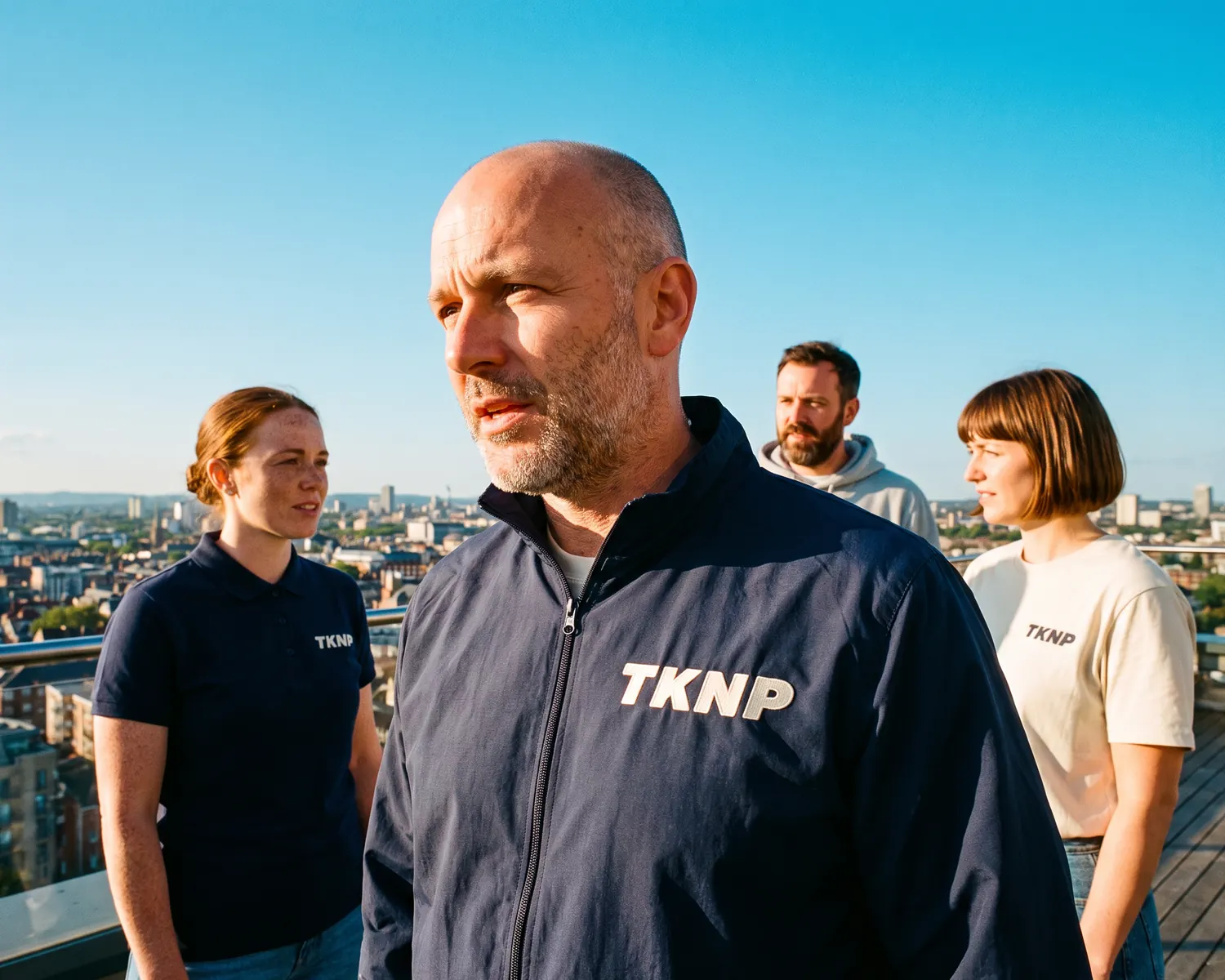 A colleague in a navy windbreaker embroidered with the TKNP logo and his team in a navy polo, heather grey hoodie and ecru t-shirt: custom company clothing on the office roof terrace.