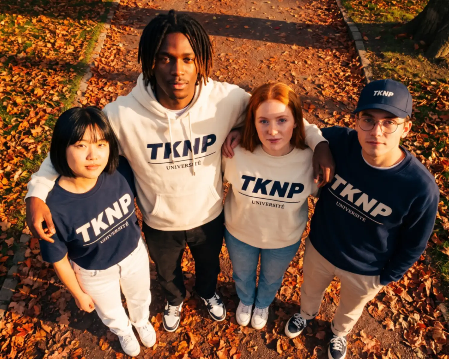 Four students seen from above, arm in arm on an autumn campus path covered in leaves, wear their university class merch: an ecru hoodie, a t-shirt and crewneck sweatshirts in ecru and navy, embroidered with TKNP.