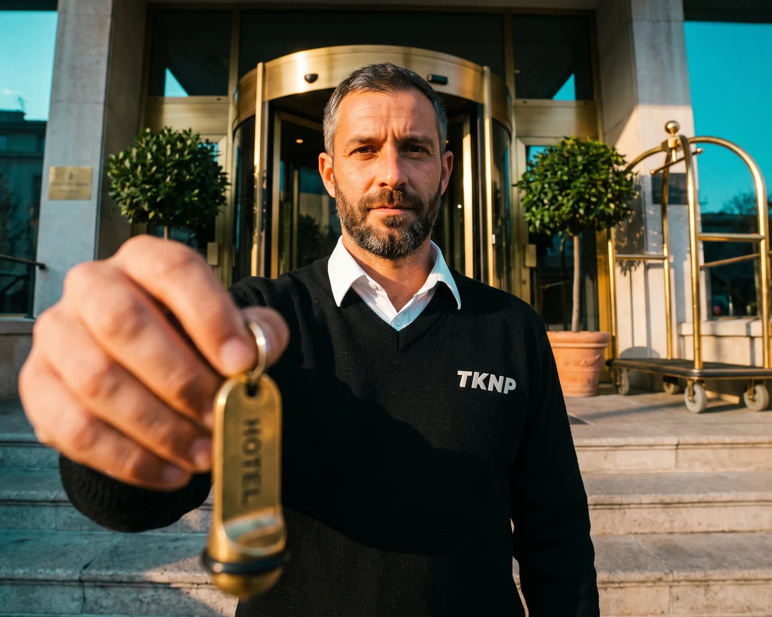 Hotel receptionist uniform: a receptionist in a black V-neck jumper marked TKNP and a white shirt holds out a key at the hotel entrance