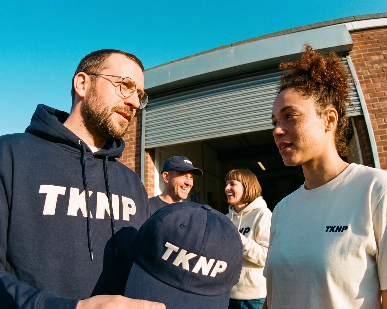 Startup merch: a team outside its premises wears the TKNP kit, a navy hoodie, an embroidered cap and an ecru t-shirt