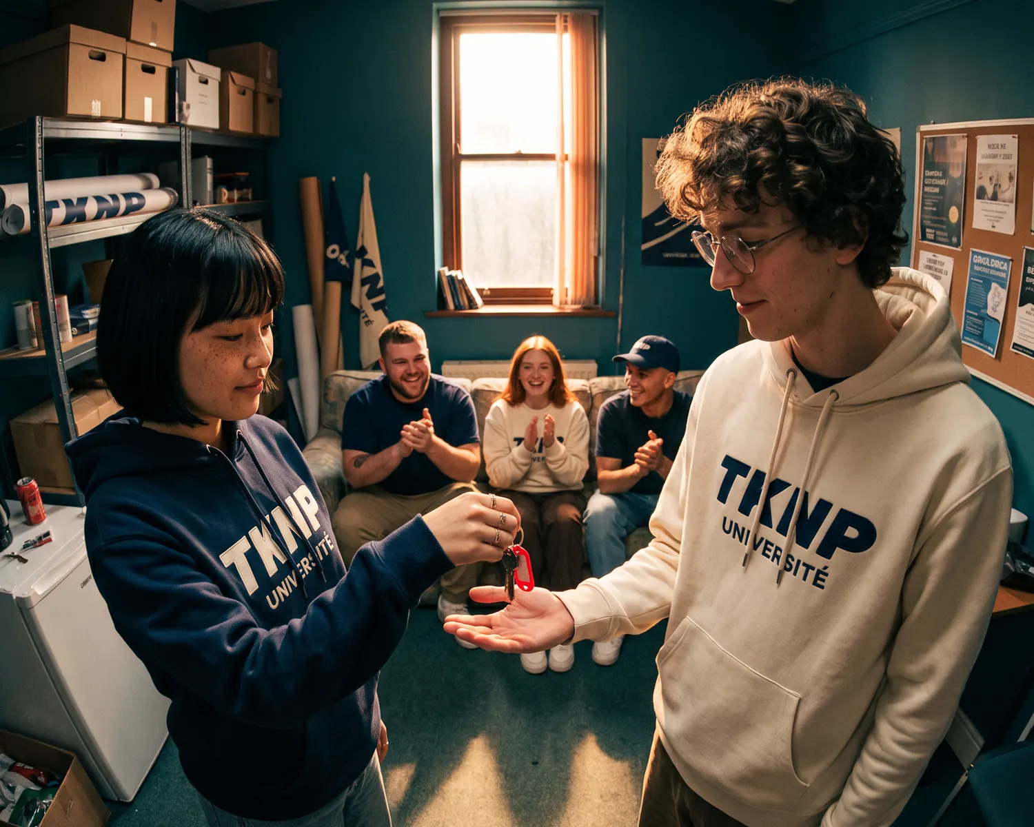 Passation de BDE dans le local de l'association : la présidente sortante, en hoodie marine au logo TKNP, remet les clés au nouveau président en hoodie écru, sous les applaudissements du bureau.