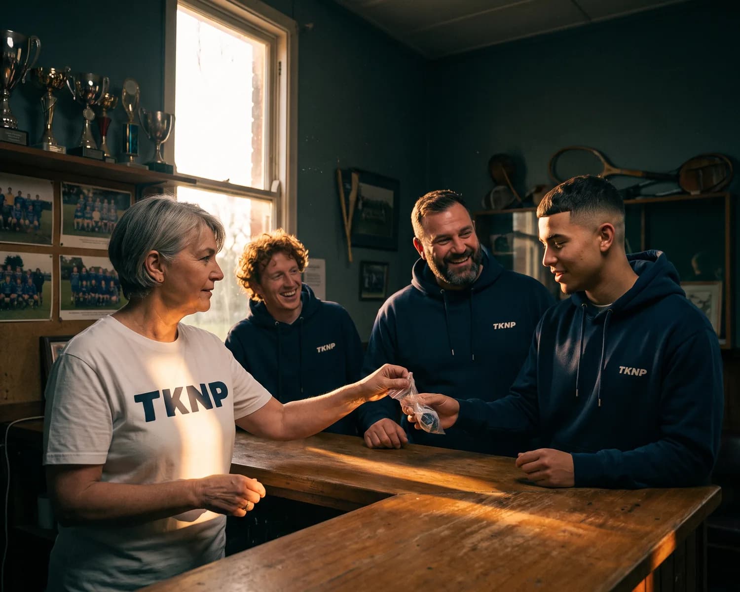 In a sports club's clubhouse, a volunteer in a white TKNP t-shirt hands a small bag to a player, surrounded by club members in navy hoodies.