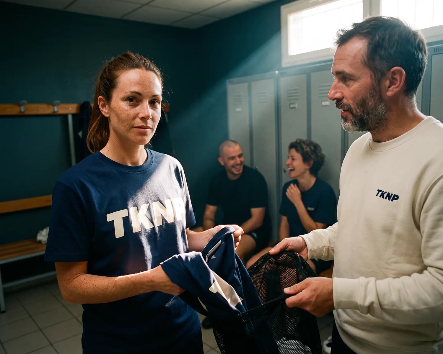 In a club changing room, a player in a navy t-shirt with a large TKNP logo puts a t-shirt into the laundry bag held by a teammate in an ecru sweatshirt.