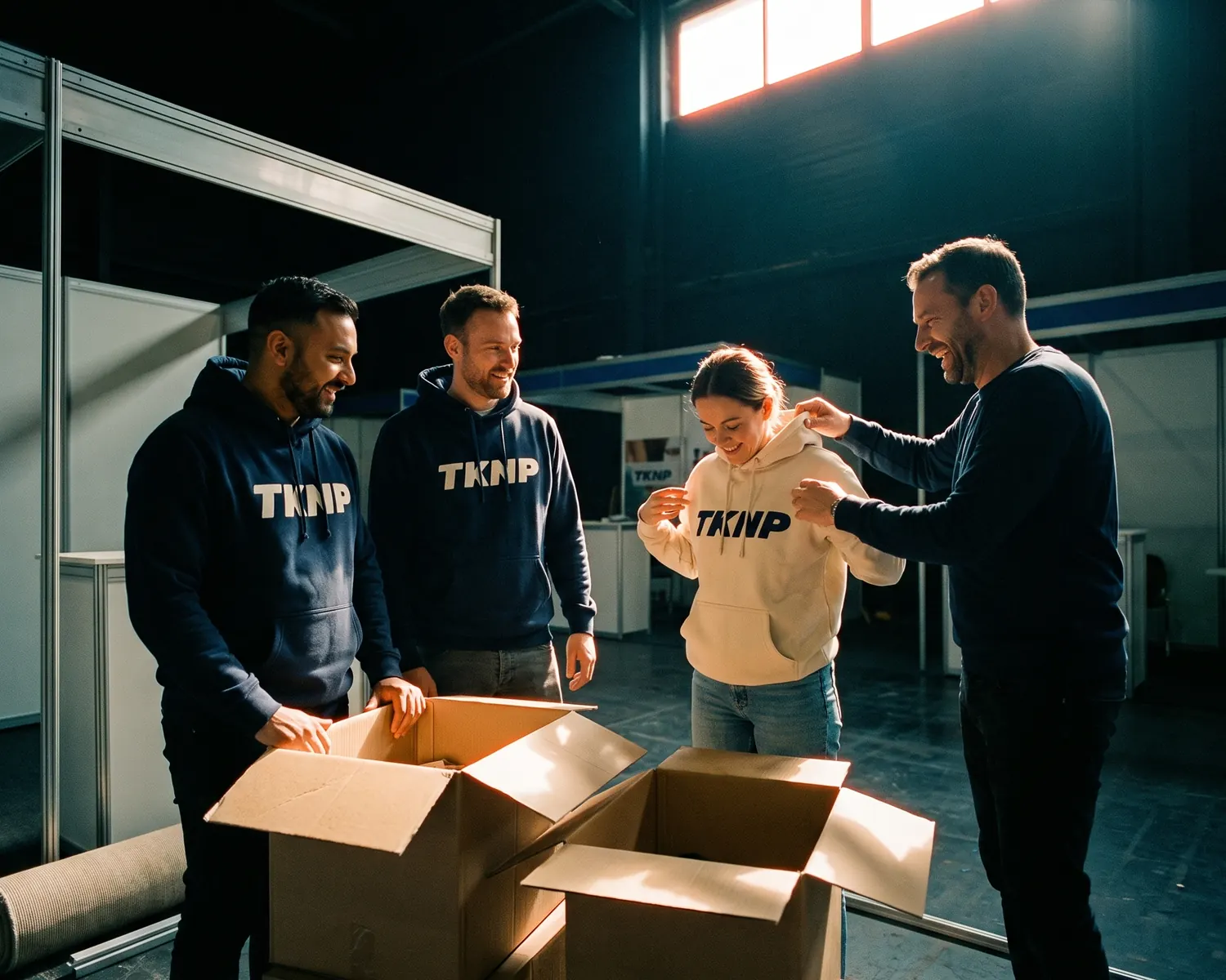 The day before a trade show, four colleagues open the boxes on their half-built stand and put on their custom TKNP hoodies, in navy and ecru.