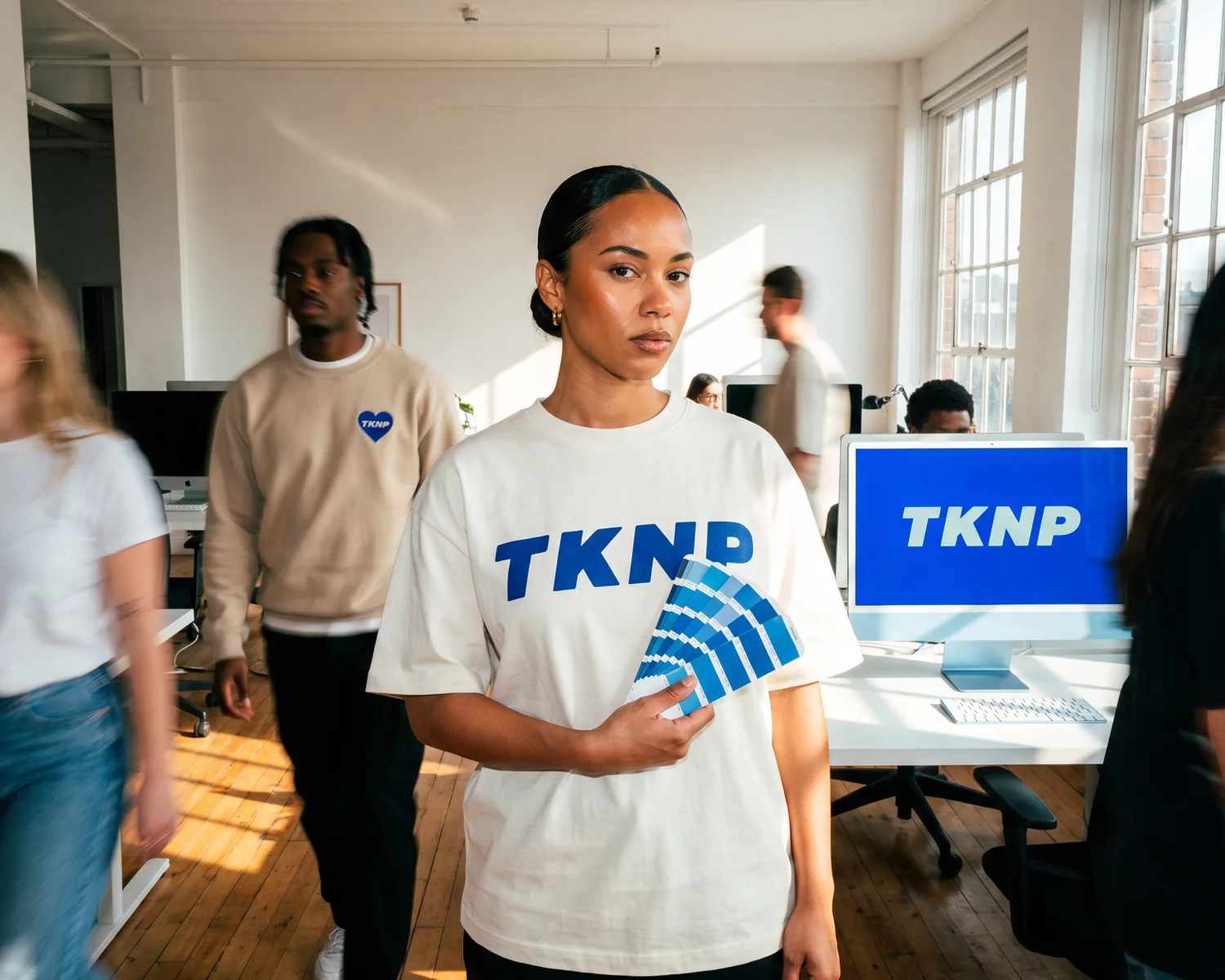 In an open-plan office, a woman in an ecru t-shirt with a large TKNP logo screen printed in blue holds a blue swatch fan next to a screen showing the same logo in a brighter blue, as colleagues walk past.