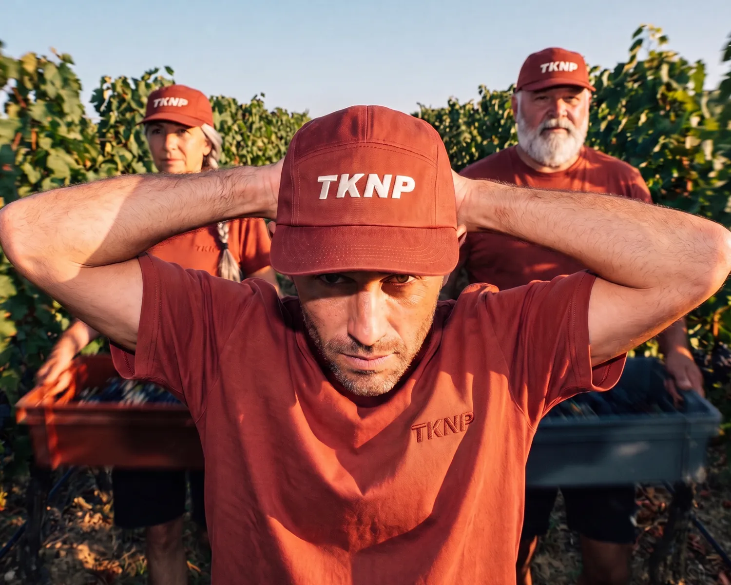 Au bout d'un rang de vigne, un vendangeur règle à l'arrière la taille de sa casquette personnalisée rouge brique, brodée TKNP en écru sur la façade, pendant que deux coéquipiers, casquettes brodées du même logo, portent les caisses de raisin.