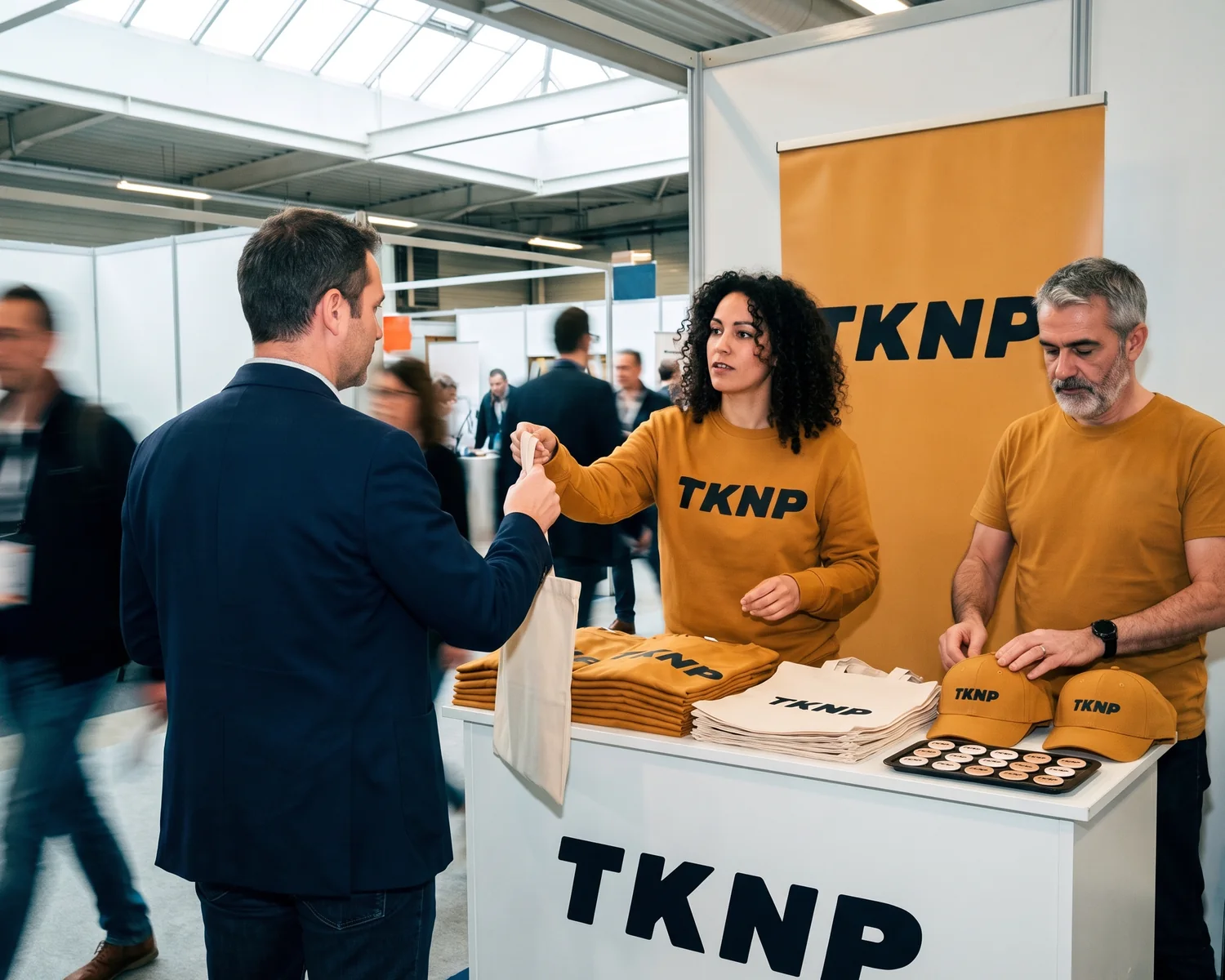 Sur un stand de salon, une hôtesse en sweat publicitaire moutarde au logo TKNP tend un tote bag à un visiteur, devant un comptoir de vêtements publicitaires et d'objets à la marque : t-shirts pliés, tote bags, casquettes et badges, avec un roll-up TK