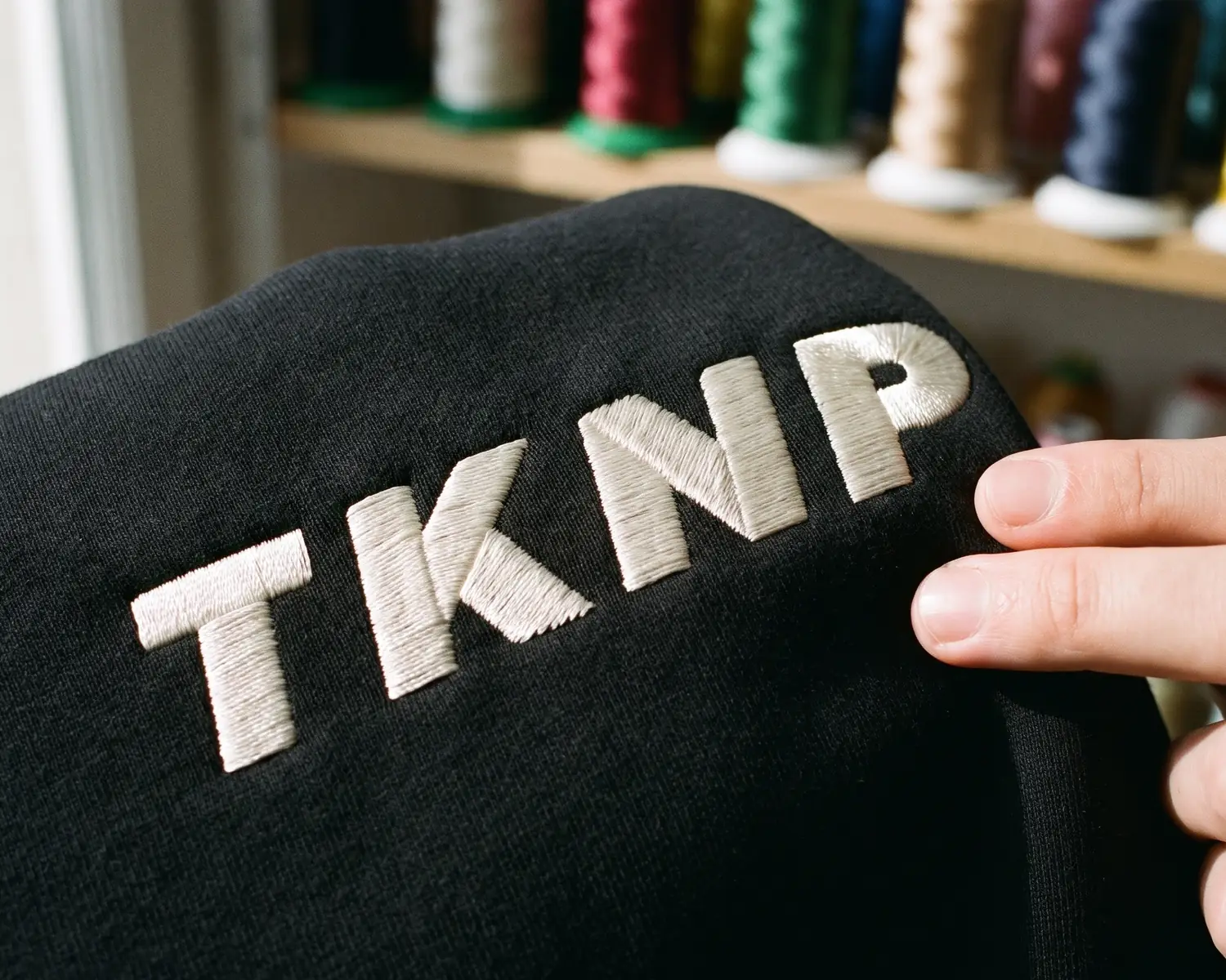 Broderie de logo sur un sweat : gros plan sur le logo TKNP brodé en fil écru sur un sweat à capuche noir, points satin serrés et brillants, devant les cônes de fil d'un atelier de broderie.