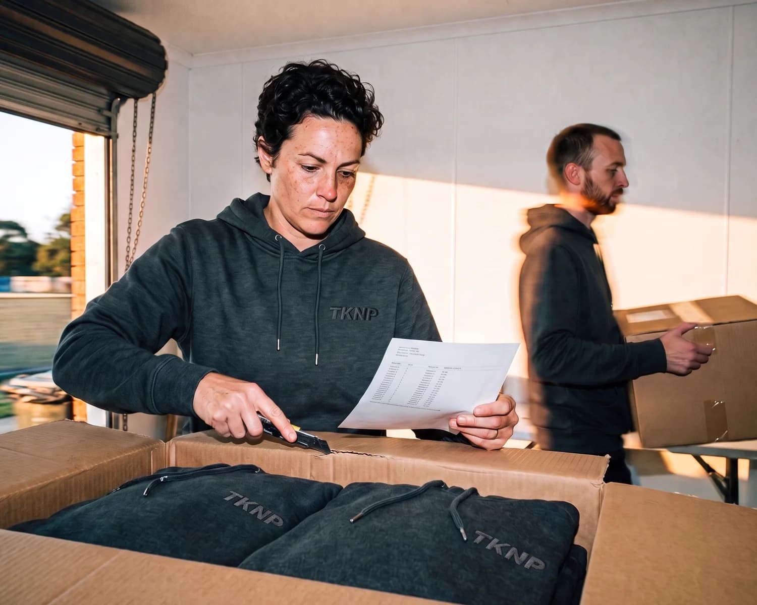 Frais cachés d'une commande de vêtements personnalisés : une responsable d'équipe en sweat à capuche anthracite brodé TKNP ton sur ton vérifie le bon de livraison d'un carton de sweats.