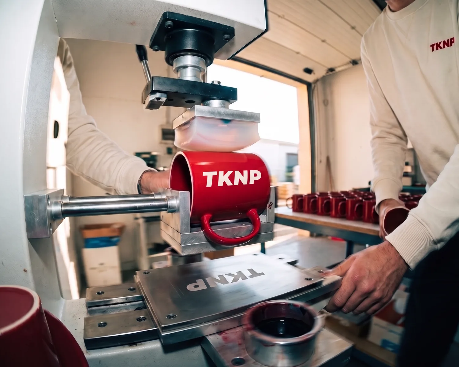 Tampographie : une machine pose le logo TKNP en blanc sur un mug rouge grâce à un tampon en silicone, au-dessus du cliché gravé et de l'encrier.