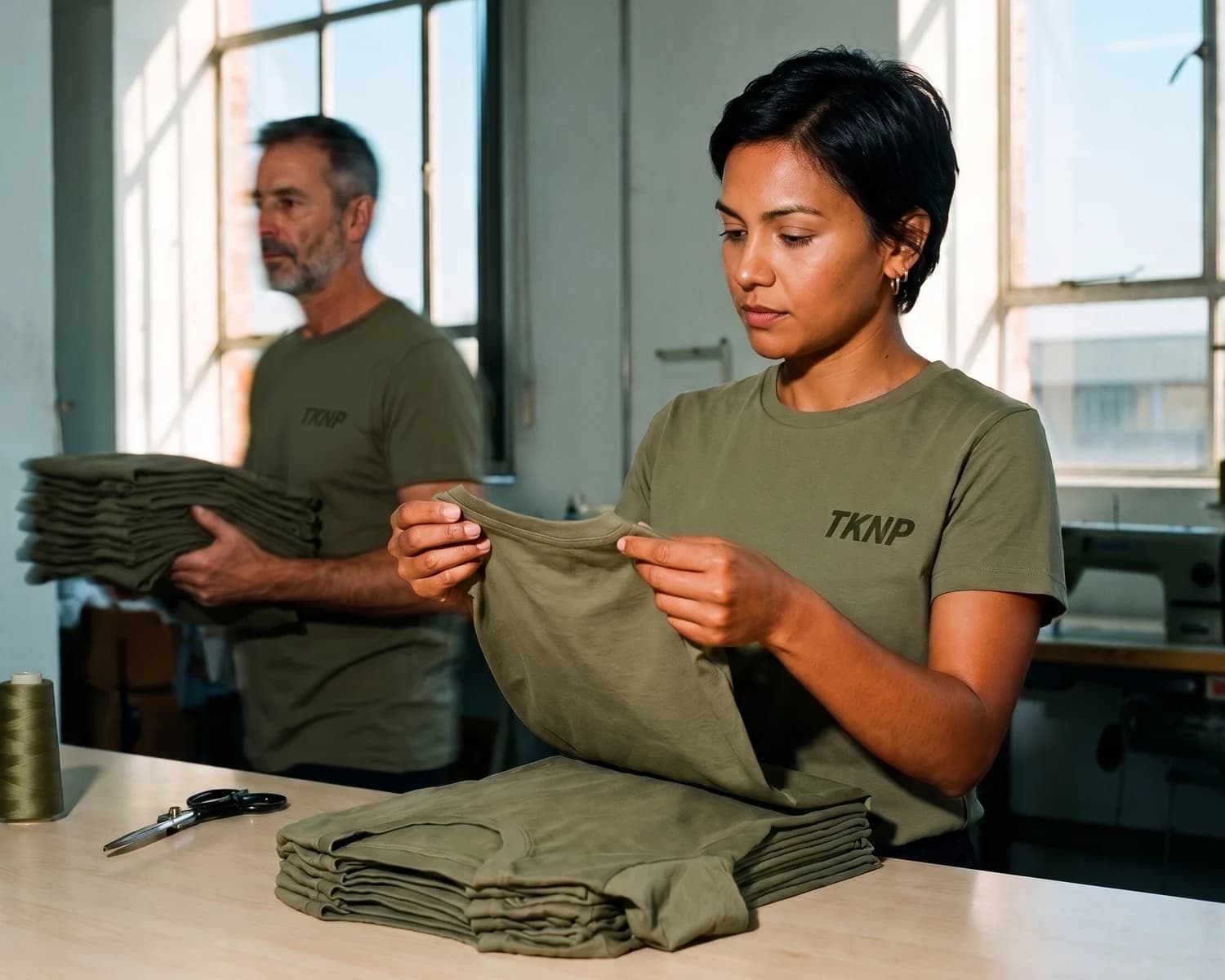 Fabrication d'un t-shirt : dans un atelier lumineux, une contrôleuse vérifie le col d'un t-shirt vierge olive, devant une pile de t-shirts pliés ; elle porte un t-shirt olive au petit logo TKNP sérigraphié en kaki côté cœur.