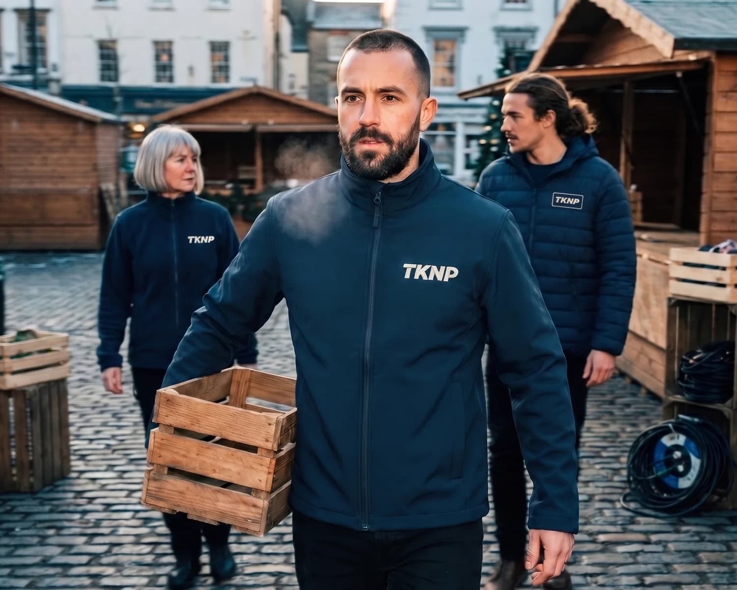 Softshell, polaire ou doudoune : sur un marché de Noël, un membre du staff porte une caisse en softshell bleu marine brodée TKNP côté cœur ; derrière lui, une collègue en polaire marine brodée et un collègue en doudoune marine à écusson TKNP.