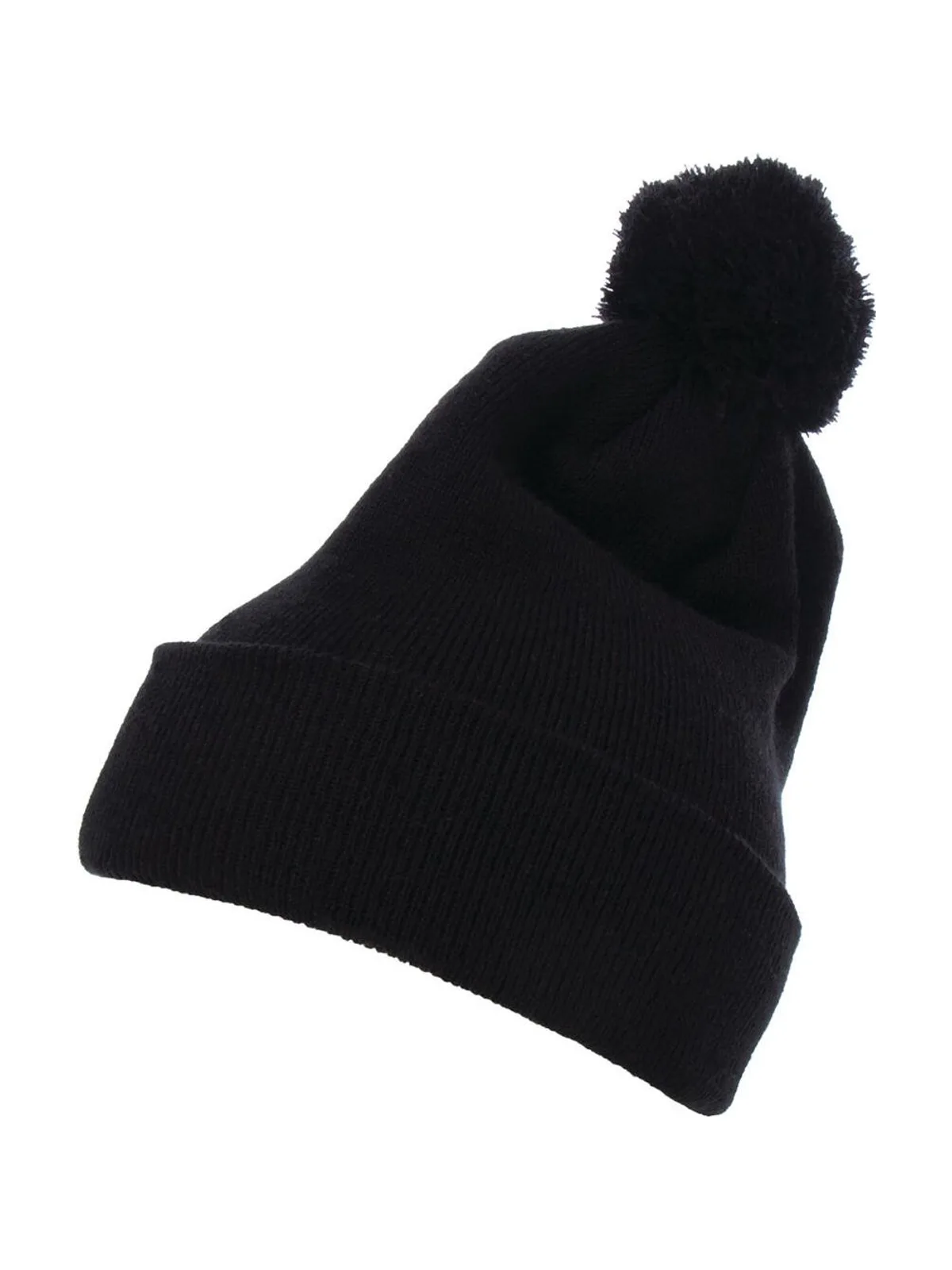Cuffed Pom Pom Knit Beanie — Black