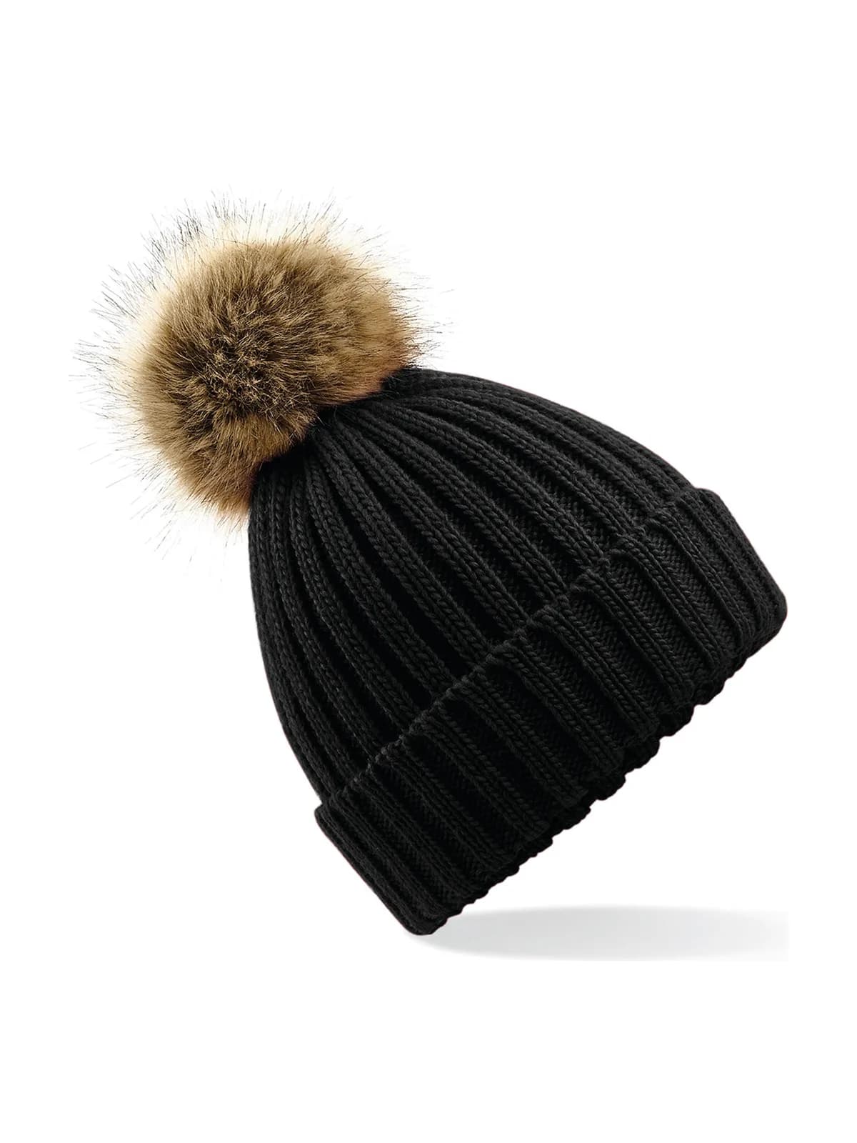 Faux Fur Pop Pom Chunky Beanie — BLACK