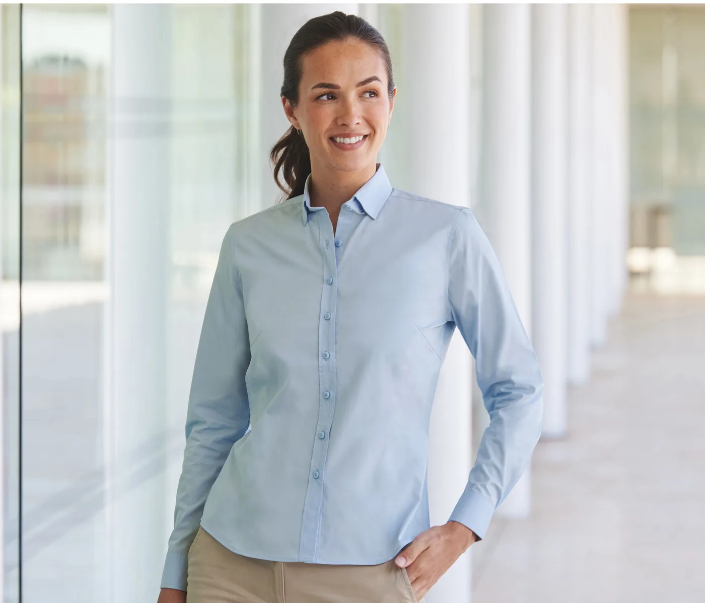 Ladies' Long Sleeved 'cotton Feel' Coolplus® Shirt — Chemises Henbury à personnaliser