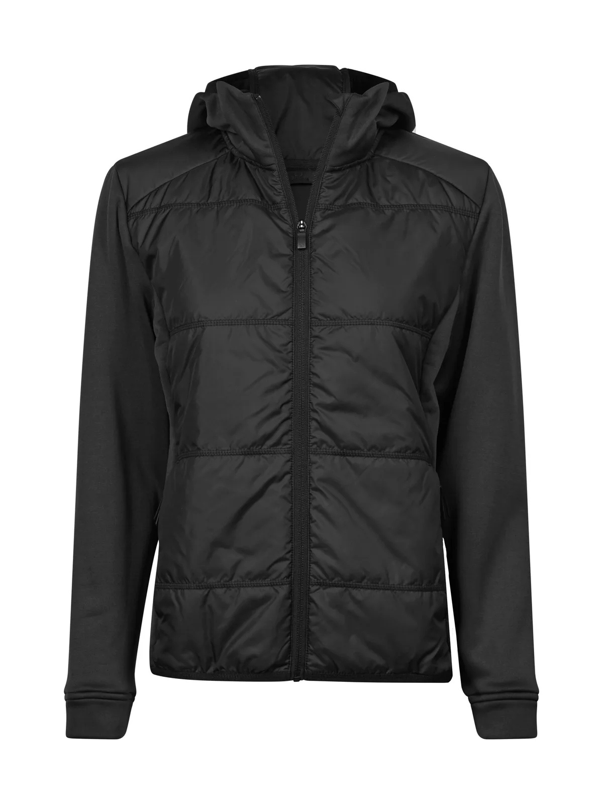 Womens Hybrid-Stretch Hooded Jacket — BLACK / BLACK