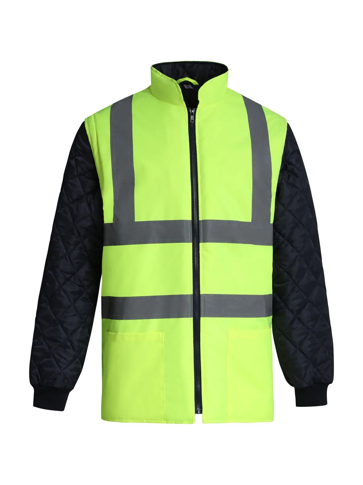 Hi-Vis Quilted Jacket With Detachable Sleeves — HI VIS YELLOW / NAVY