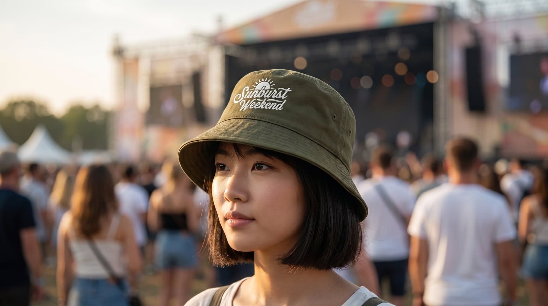 En situation — Beechfield Reversible Bucket Hat Olive Green/Stone, broderie au cœur, devant