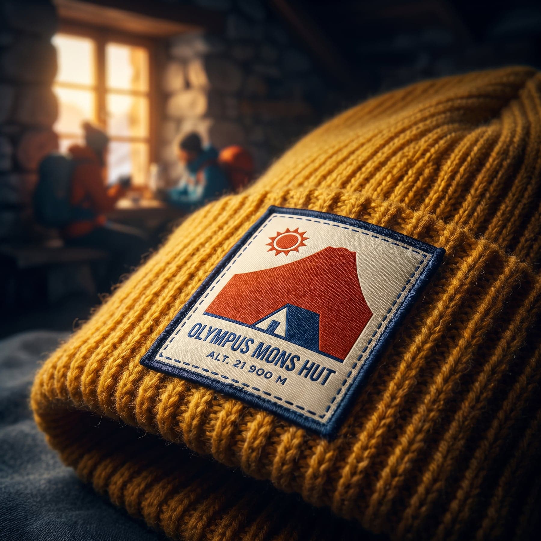 Le marquage — Beechfield Classic Engineered Deep Cuffed Beanie Mustard, écusson tissé au cœur, devant