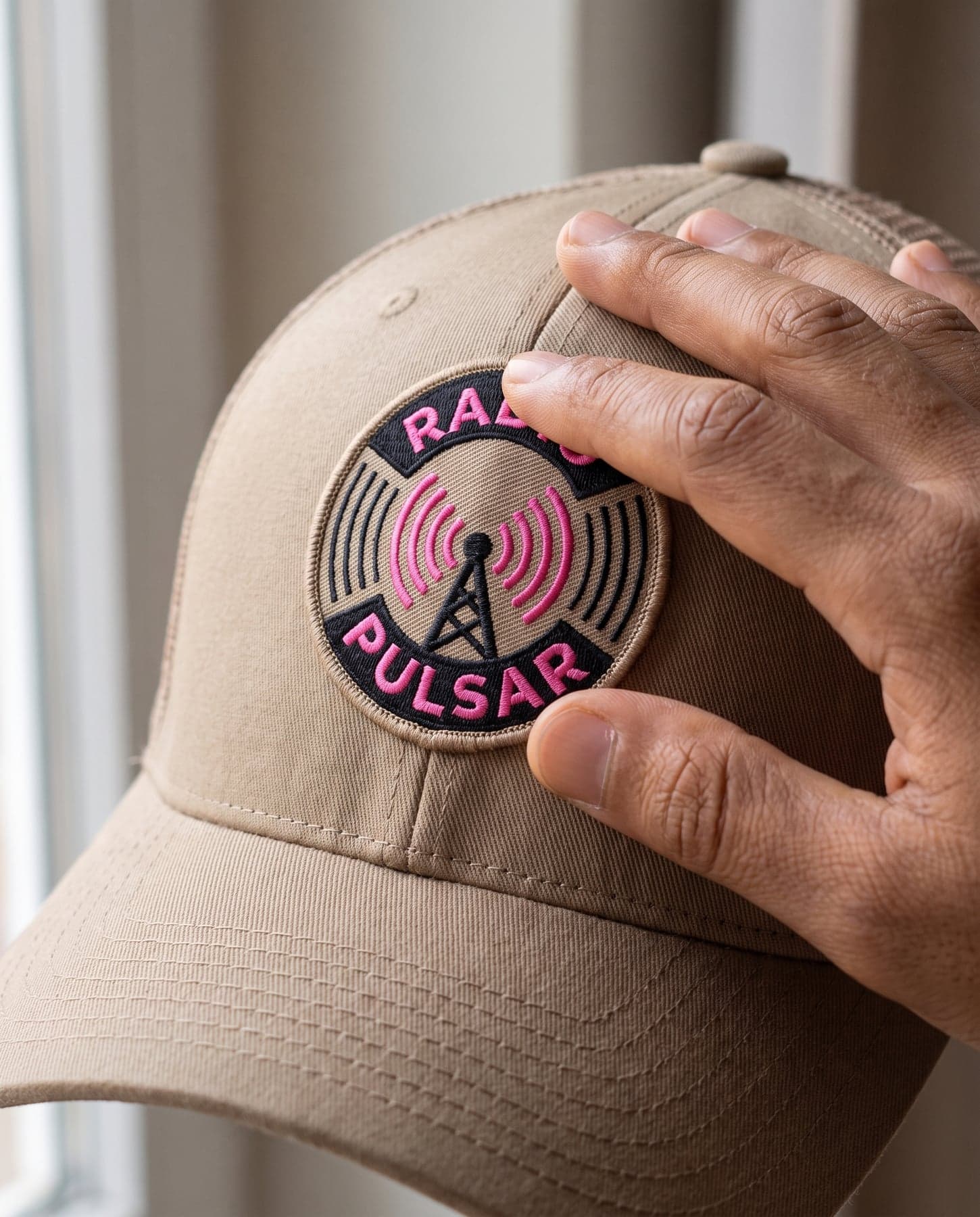 Le marquage — Flexfit Retro Trucker Cap Khaki, écusson au cœur, devant