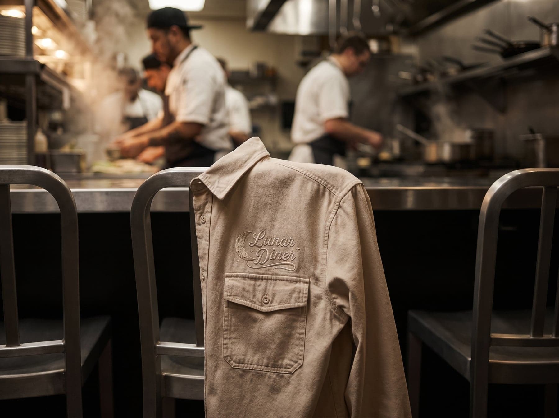La pièce — Stanley/Stella Worker Shirt Natural Raw, broderie au cœur, devant