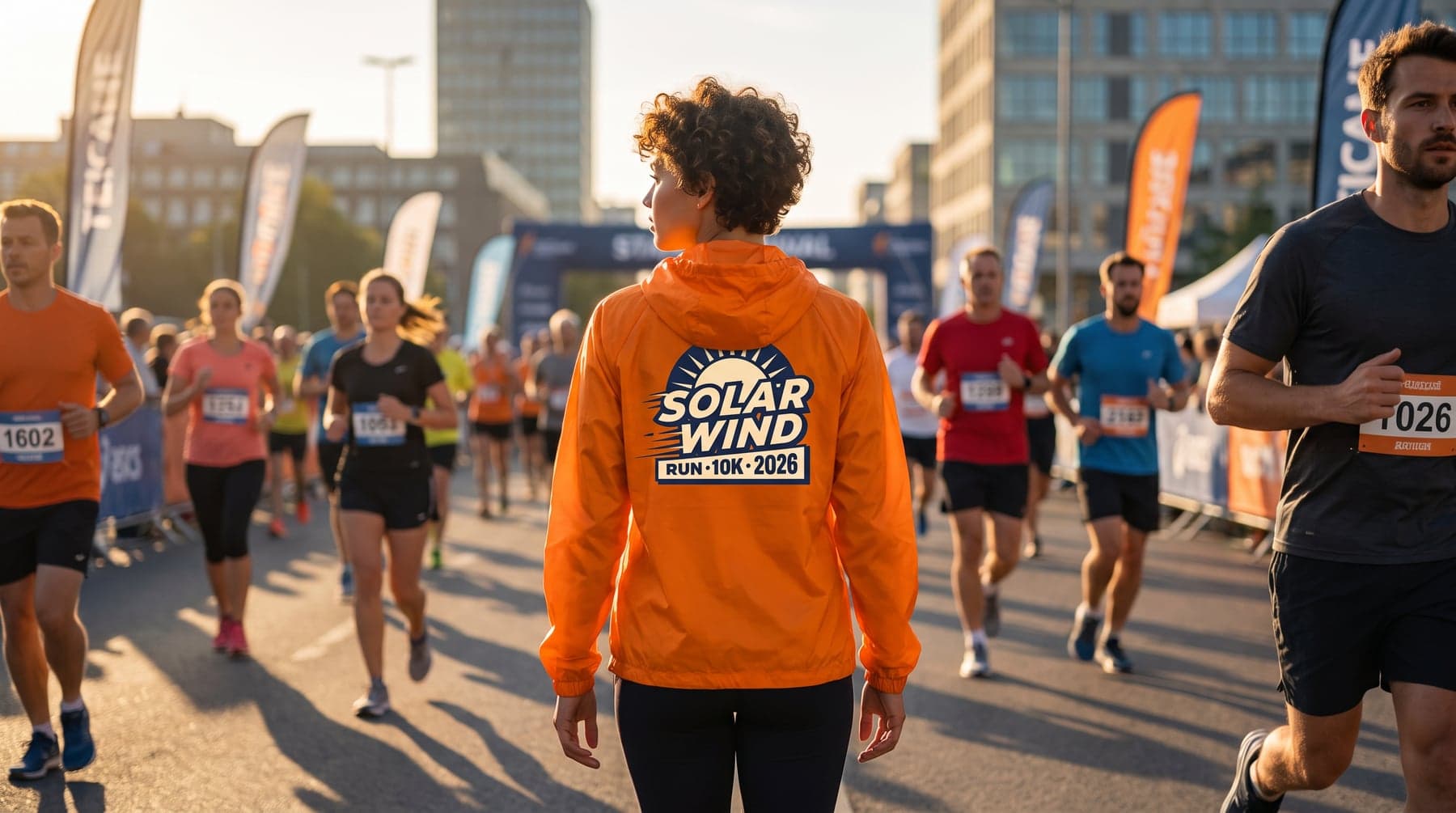 En situation — B&C #RESET Windbreaker Meta Orange, impression softshell en grand format, dans le dos
