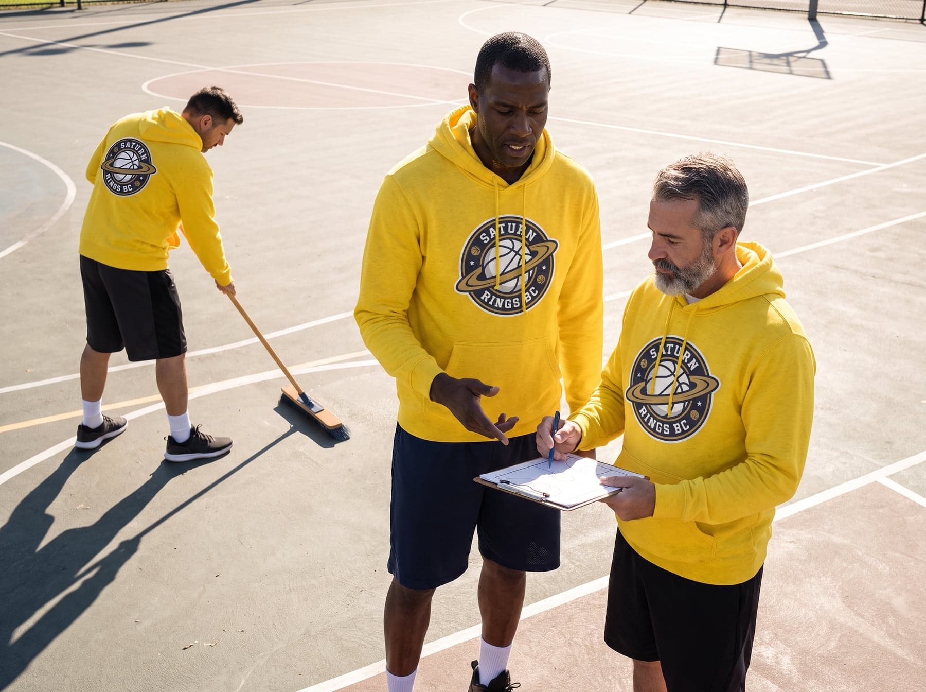 En situation — Just Hoods College Hoodie Sun Yellow, sérigraphie en grand format, devant