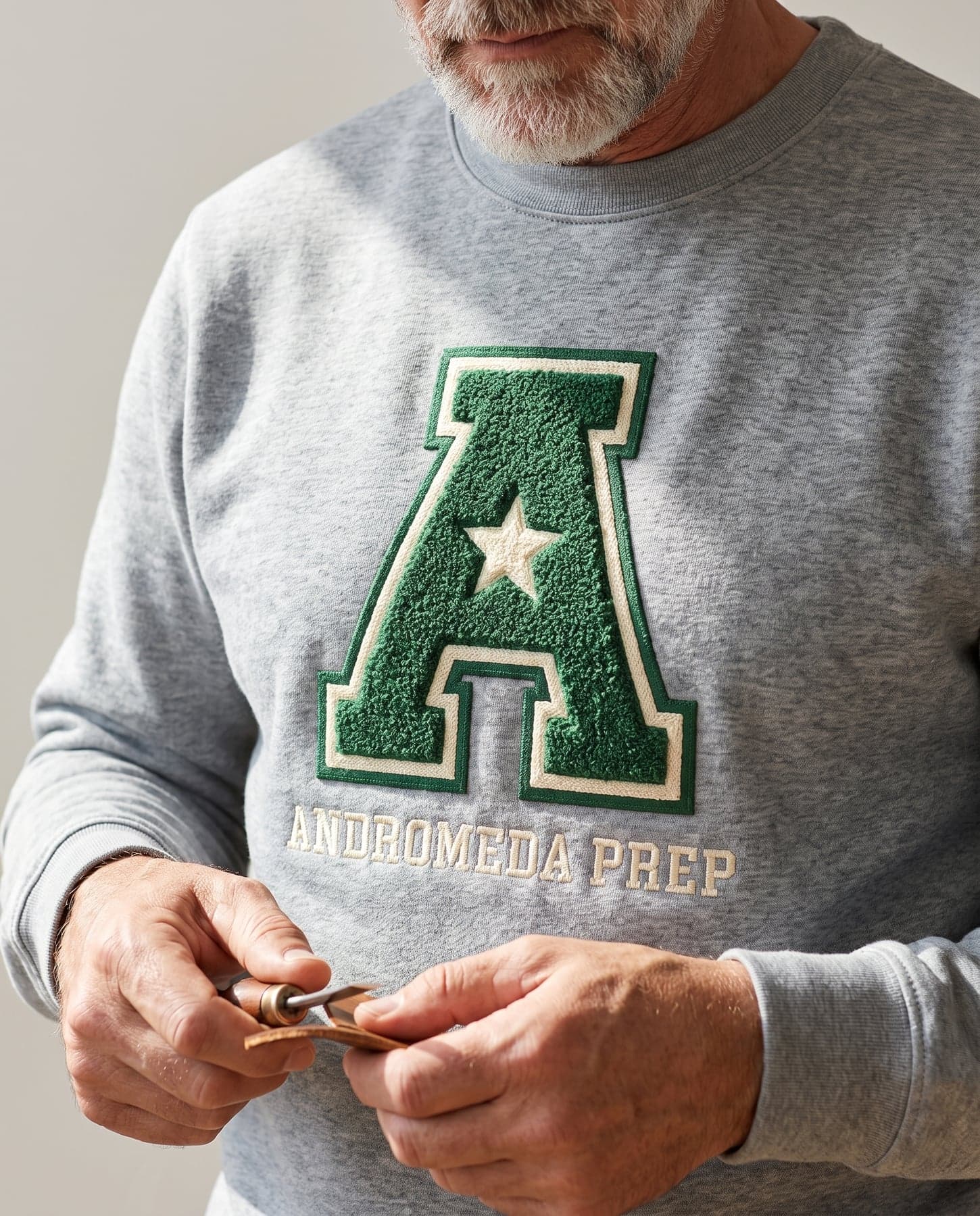 Porté — Just Hoods Awdis Sweat Heather Grey, broderie bouclette sur la poitrine, devant
