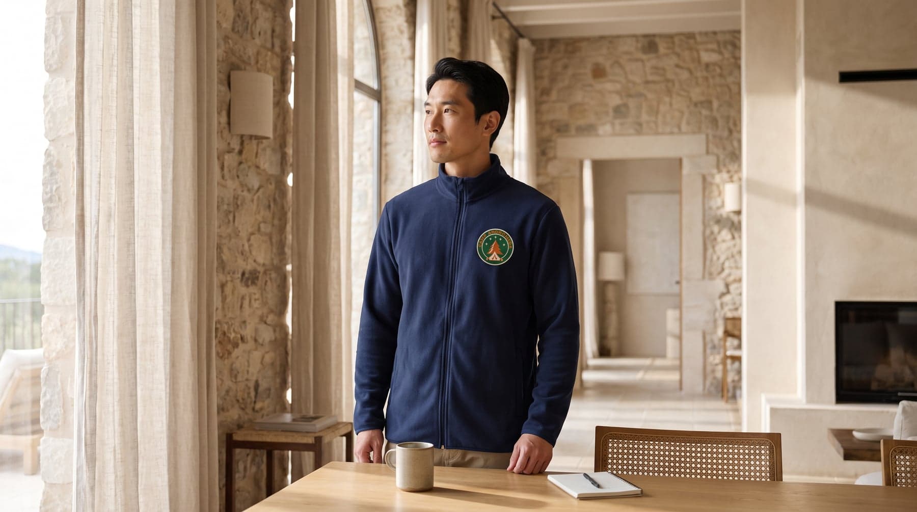 Im Einsatz — Neutral Recycled Fleece Jacket Navy, Stickerei auf Herzhöhe, vorne