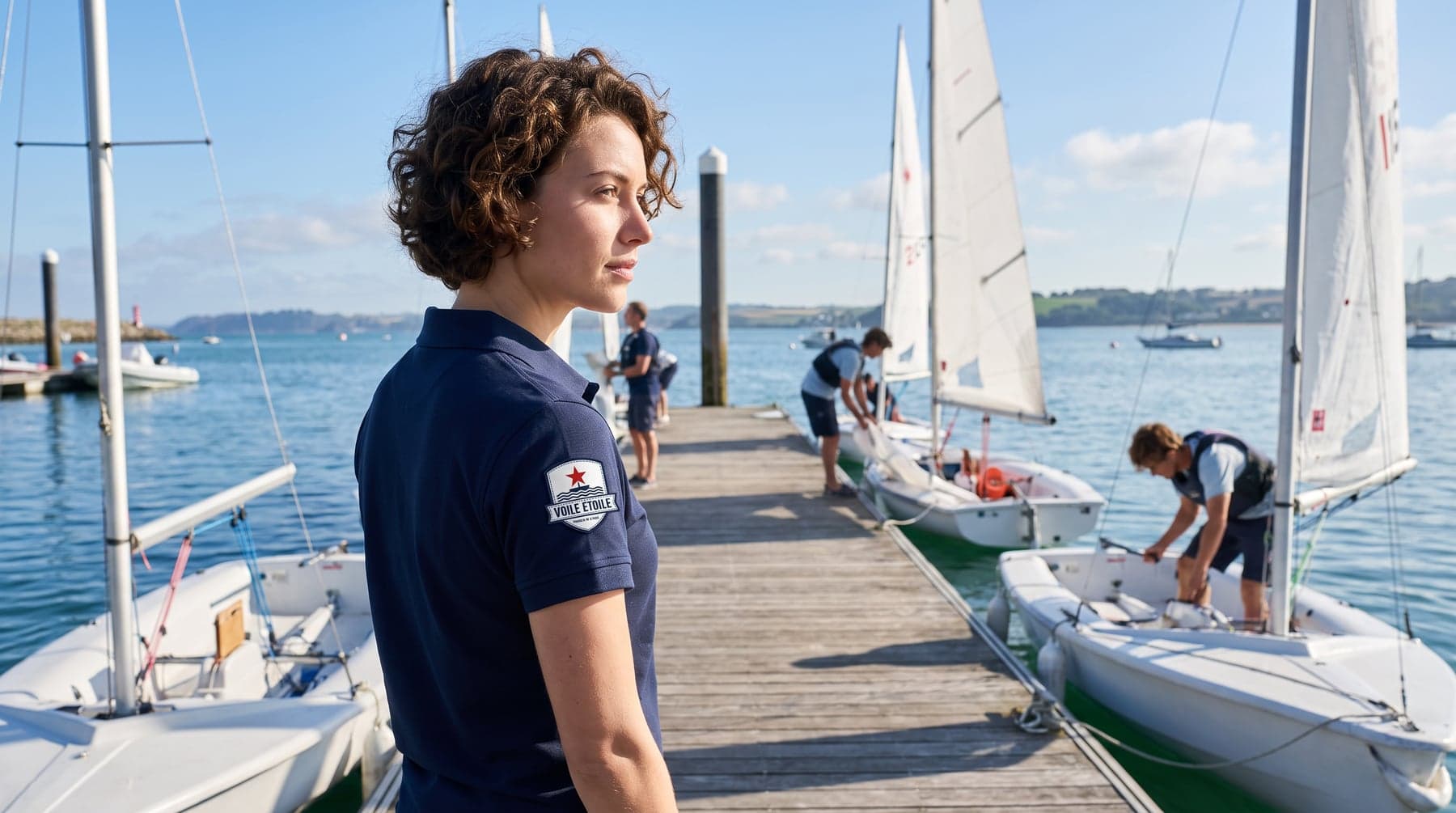 En situation — Tee Jays Luxury Stretch Polo Navy, écusson tissé au cœur, sur la manche