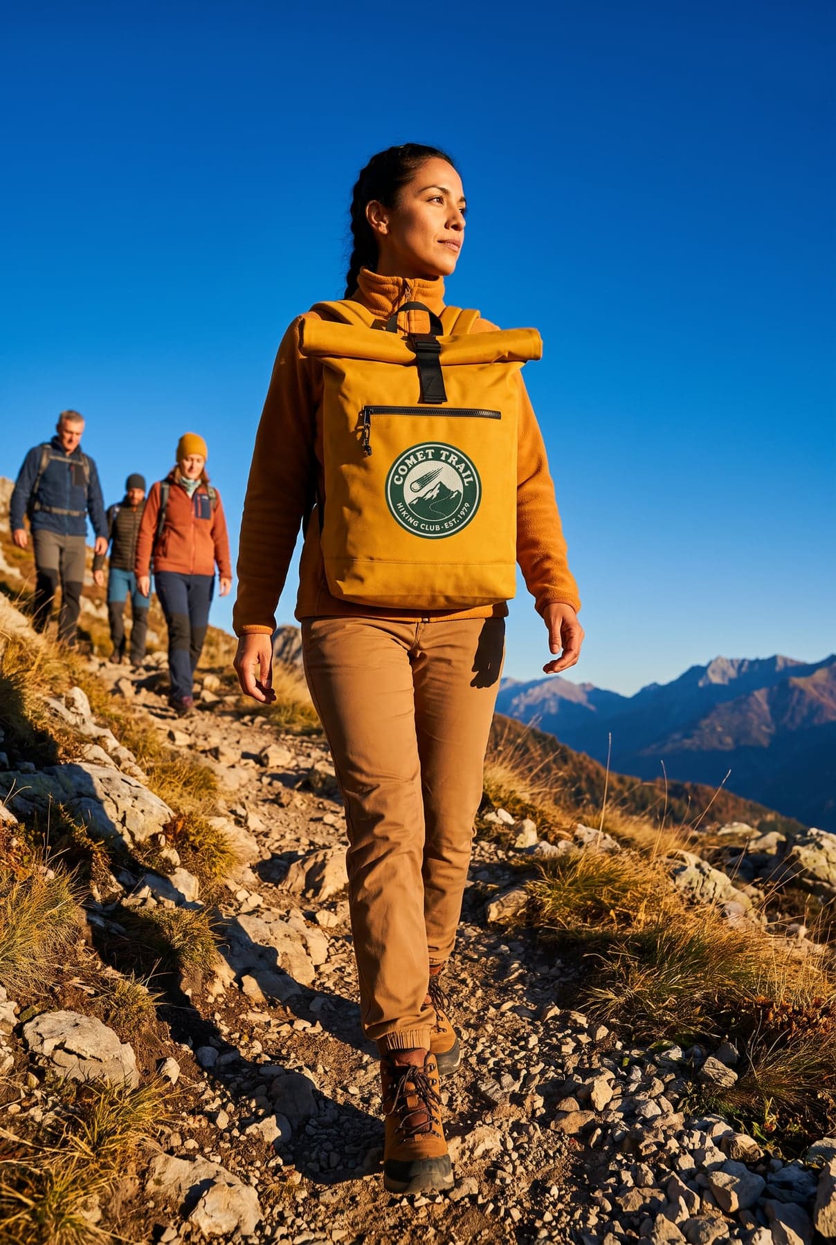 Porté — BagBase Recycled Roll-Top Backpack Mustard, broderie sur la poitrine, devant