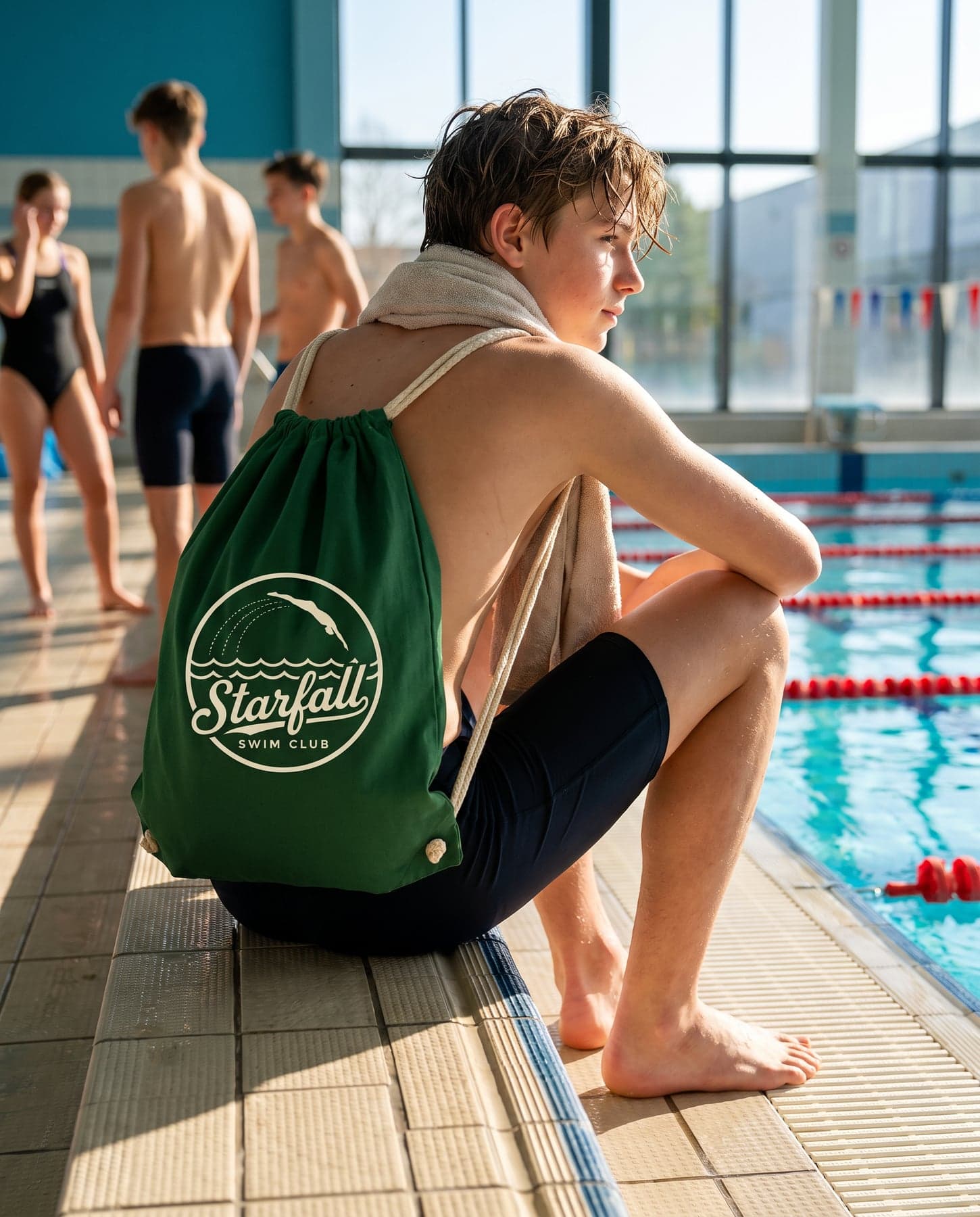Porté — Westford Mill Cotton Gymsac Bottle Green, sérigraphie en grand format, devant