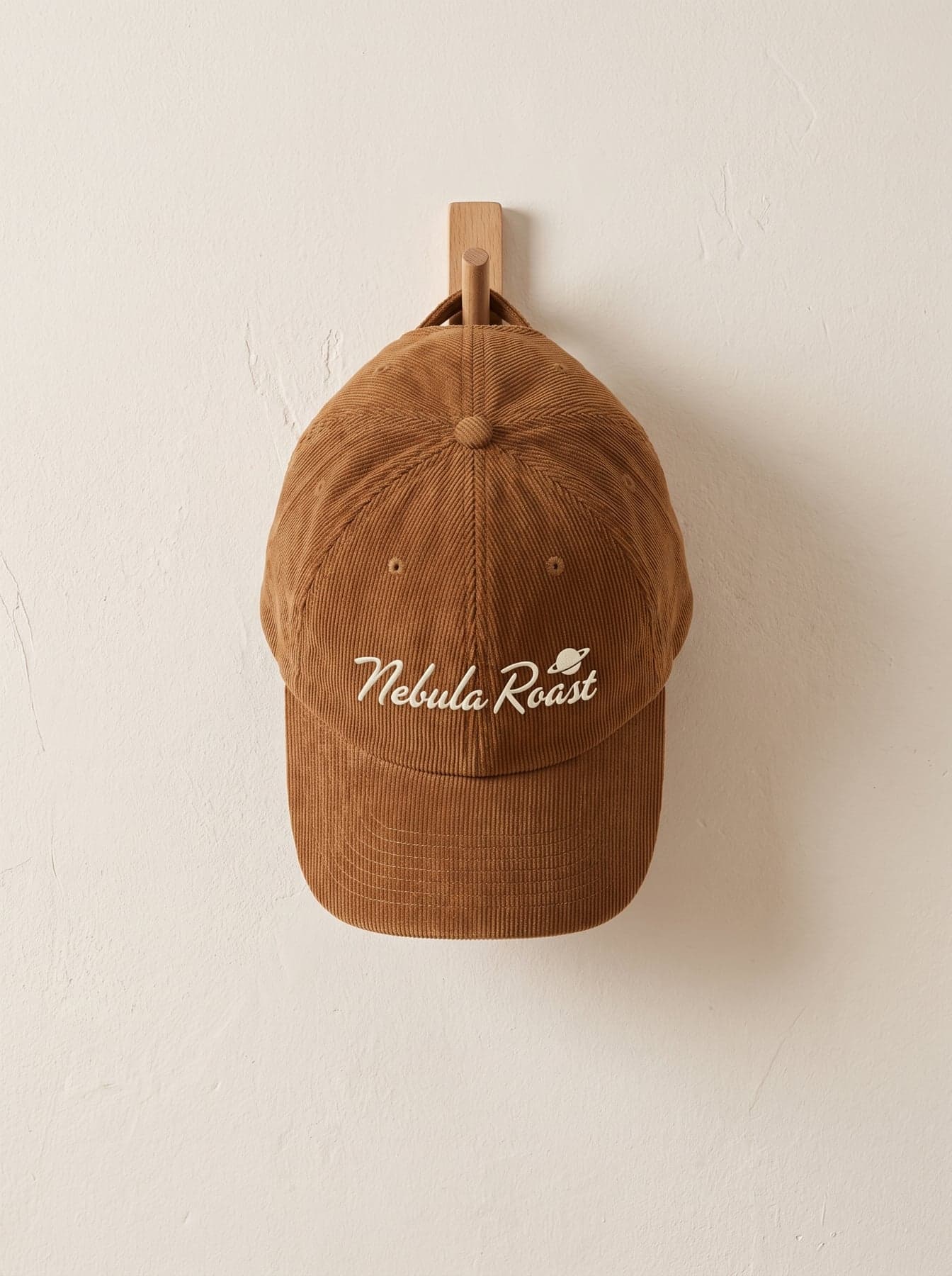 La pièce — Beechfield Heritage Cord Cap Camel, broderie au cœur, devant