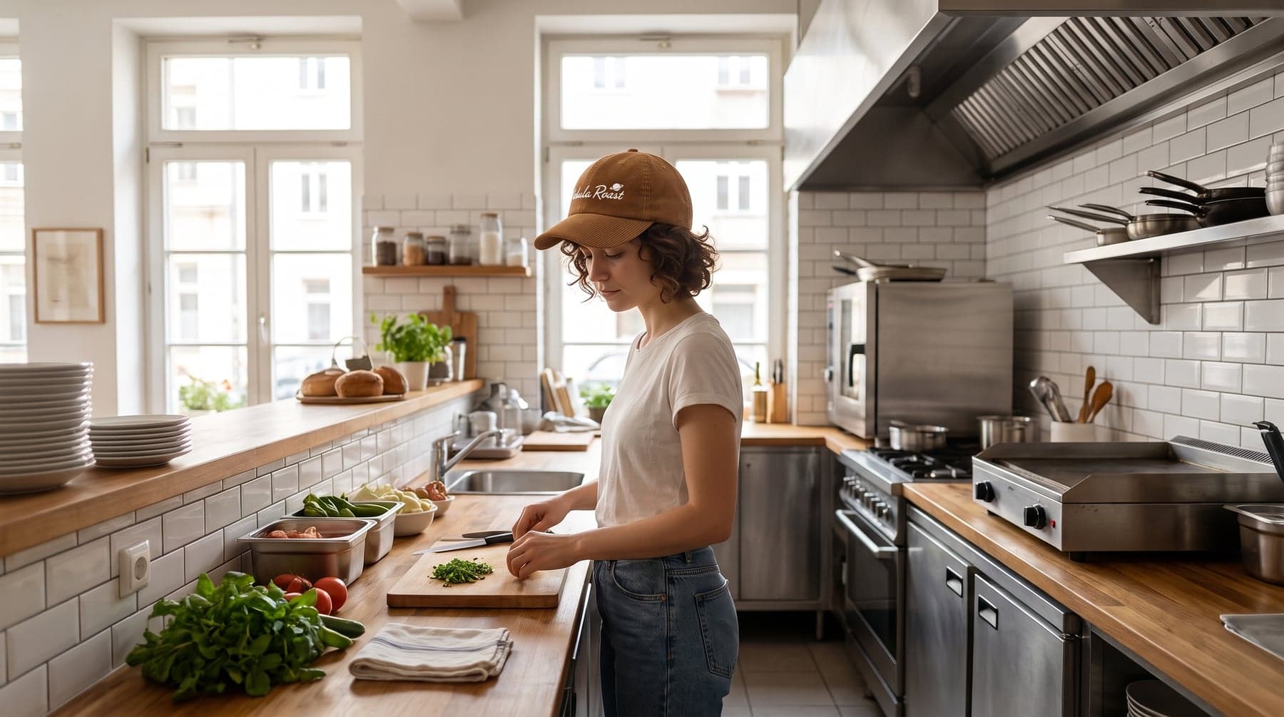 En situation — Beechfield Heritage Cord Cap Camel, broderie au cœur, devant