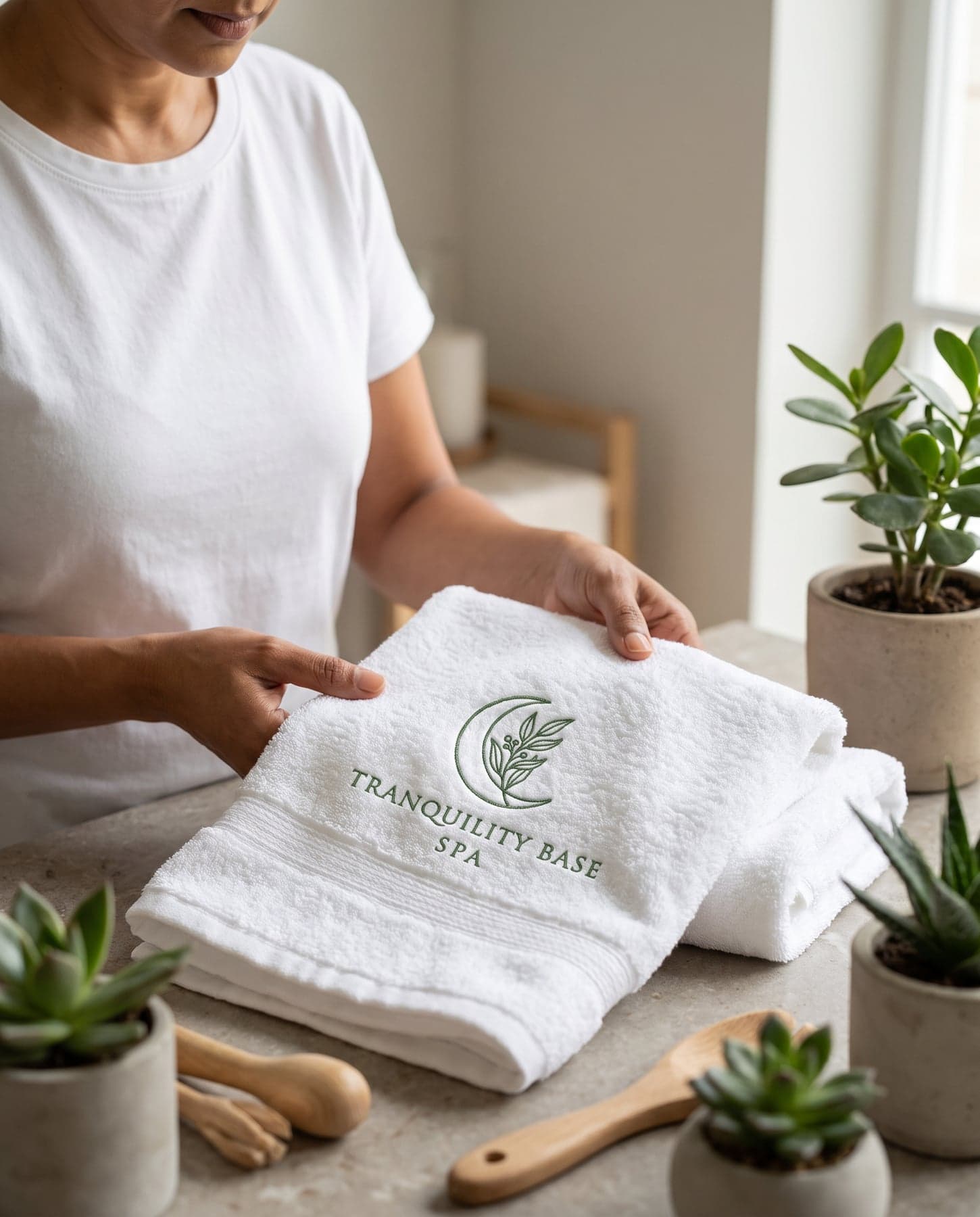 Porté — Towel City Luxury Hand Towel White, broderie au cœur, devant