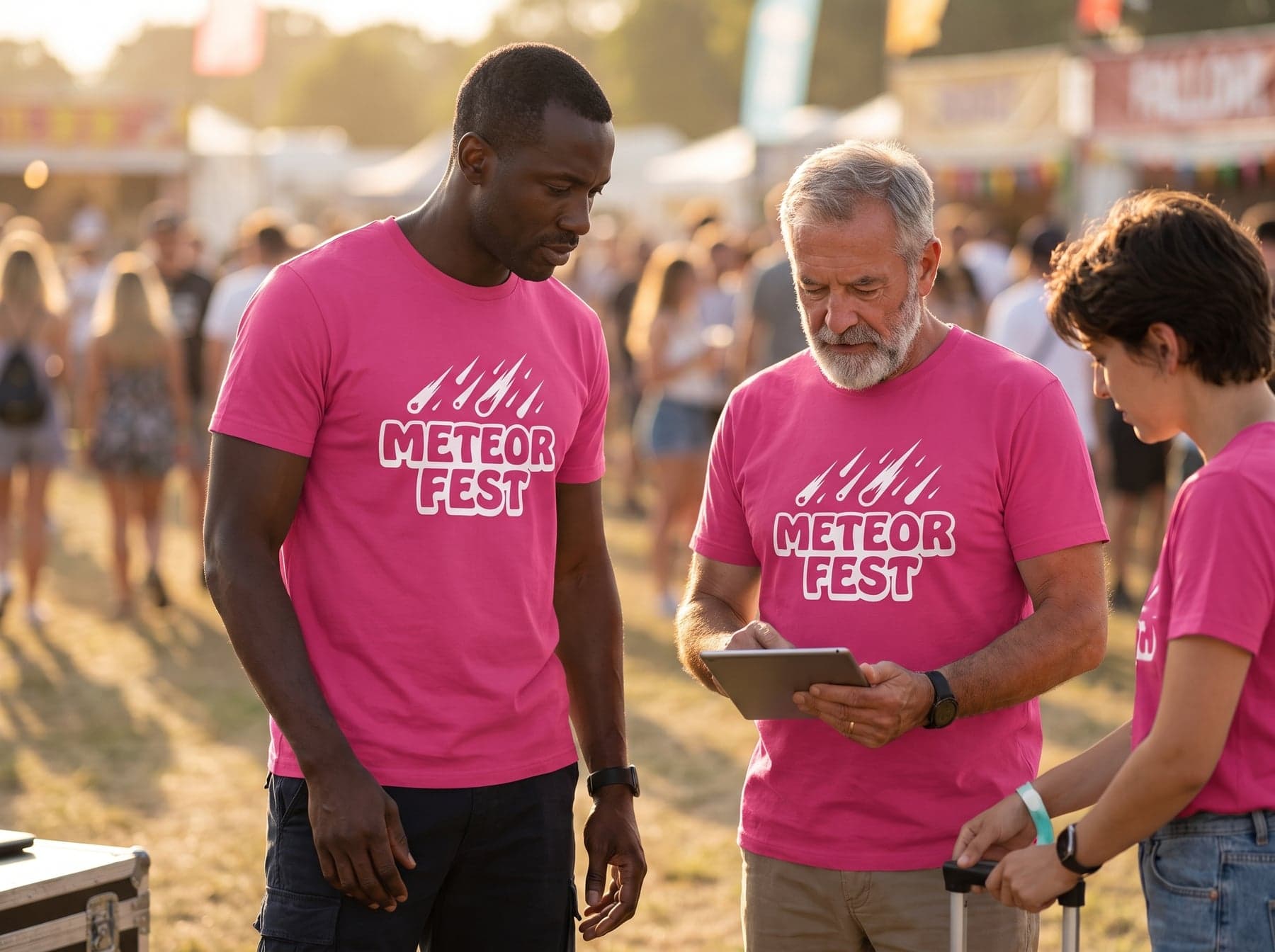En situation — B&C #E150 Men Fuchsia, sérigraphie en grand format, devant