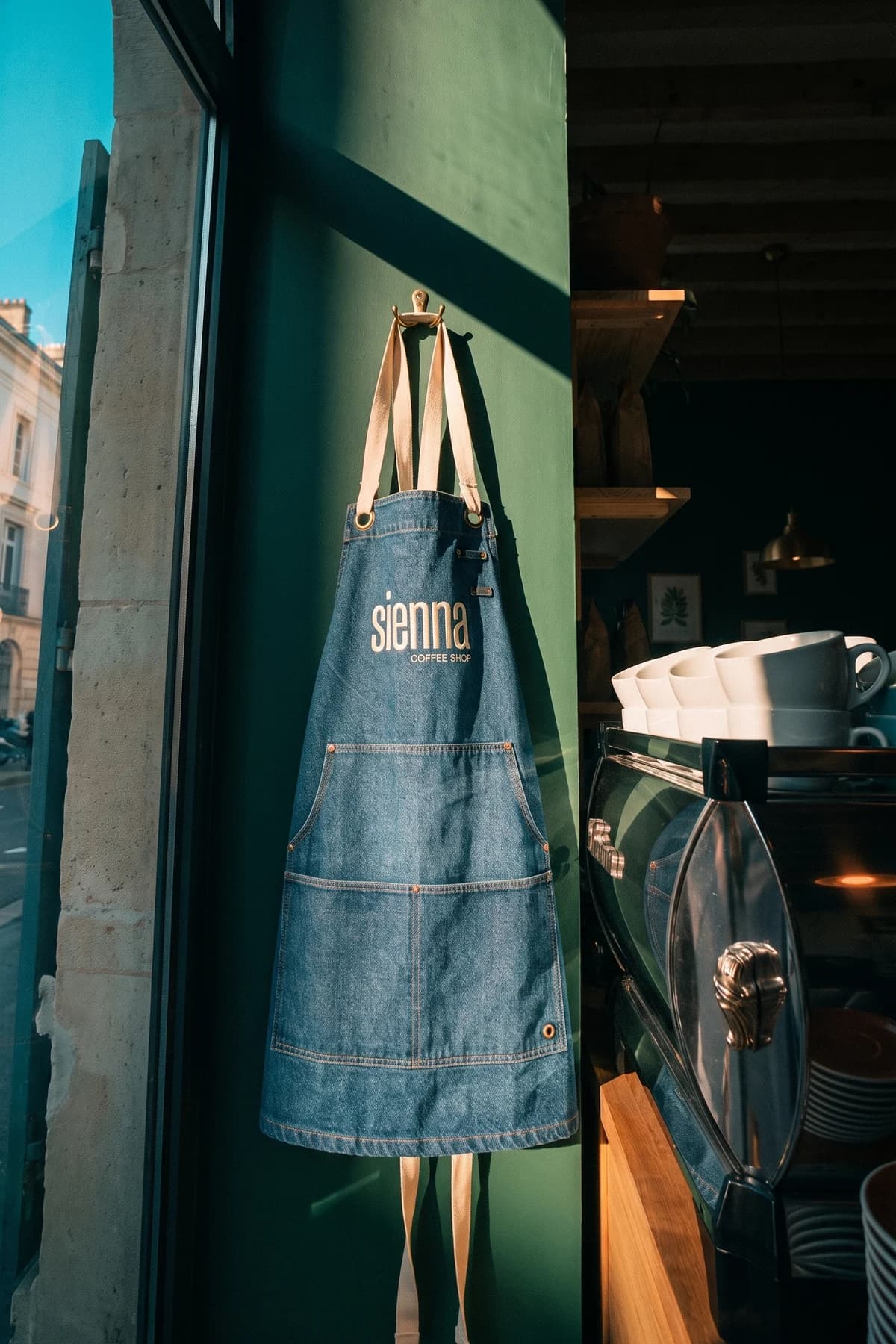 Tablier de barista en denim brodé : le logo du coffee shop sur la bavette