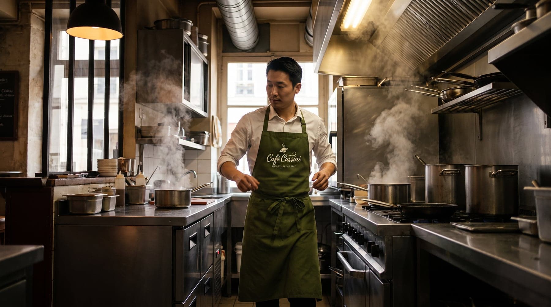 En situation — Karlowsky Bistro Apron Basic Moss Green, sérigraphie en grand format, devant