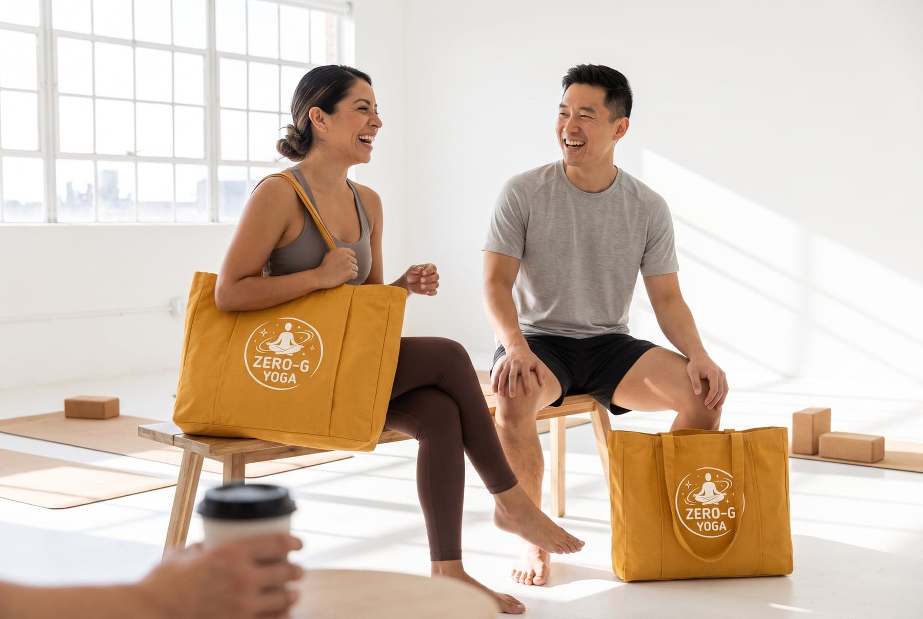 En situation — Westford Mill Earthaware® Organic Yoga Tote Amber, sérigraphie en grand format, devant